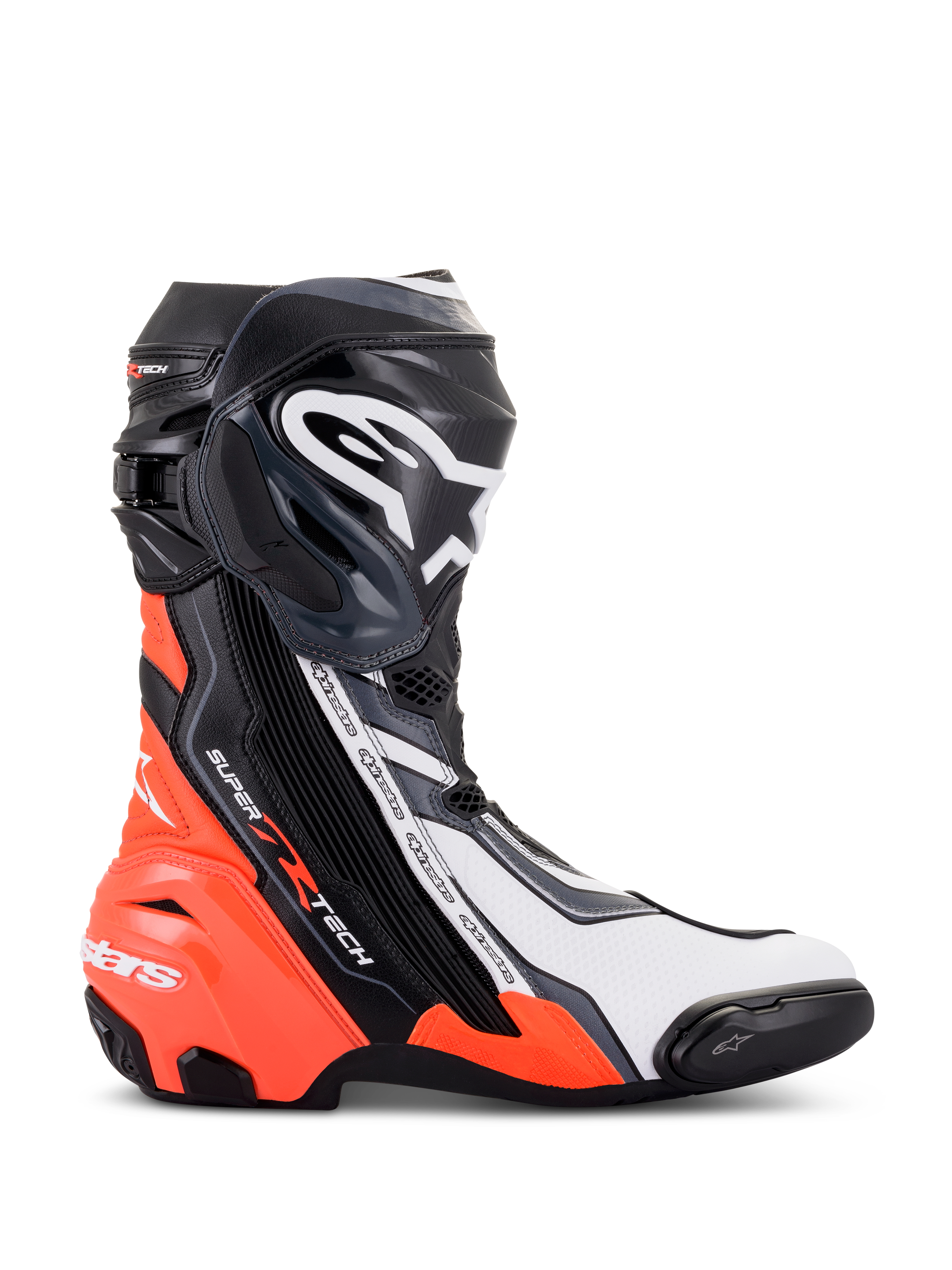 Alpinestars Supertech R Boots, high-performance racing motorcycle footwear, Black Red Fluo White and Gray, profile view showing TPU shin plate and toe slider, aerodynamic design with bold branding for track and road use.