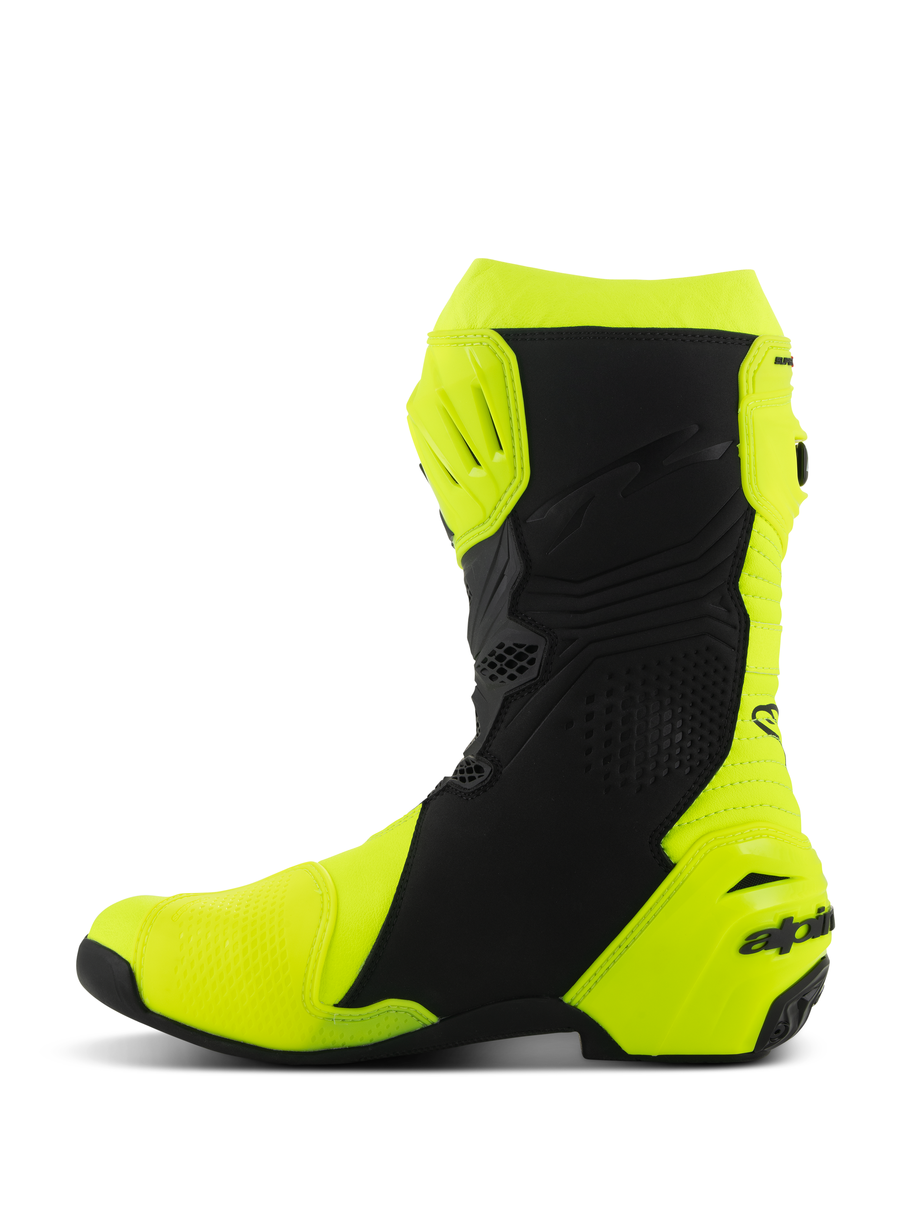 Alpinestars Supertech R Boots, Motorcycle Racing Boots, Yellow Fluo and Black, side profile featuring reinforced shin and heel protection, sleek ergonomic design with perforated panels and branding on the heel.