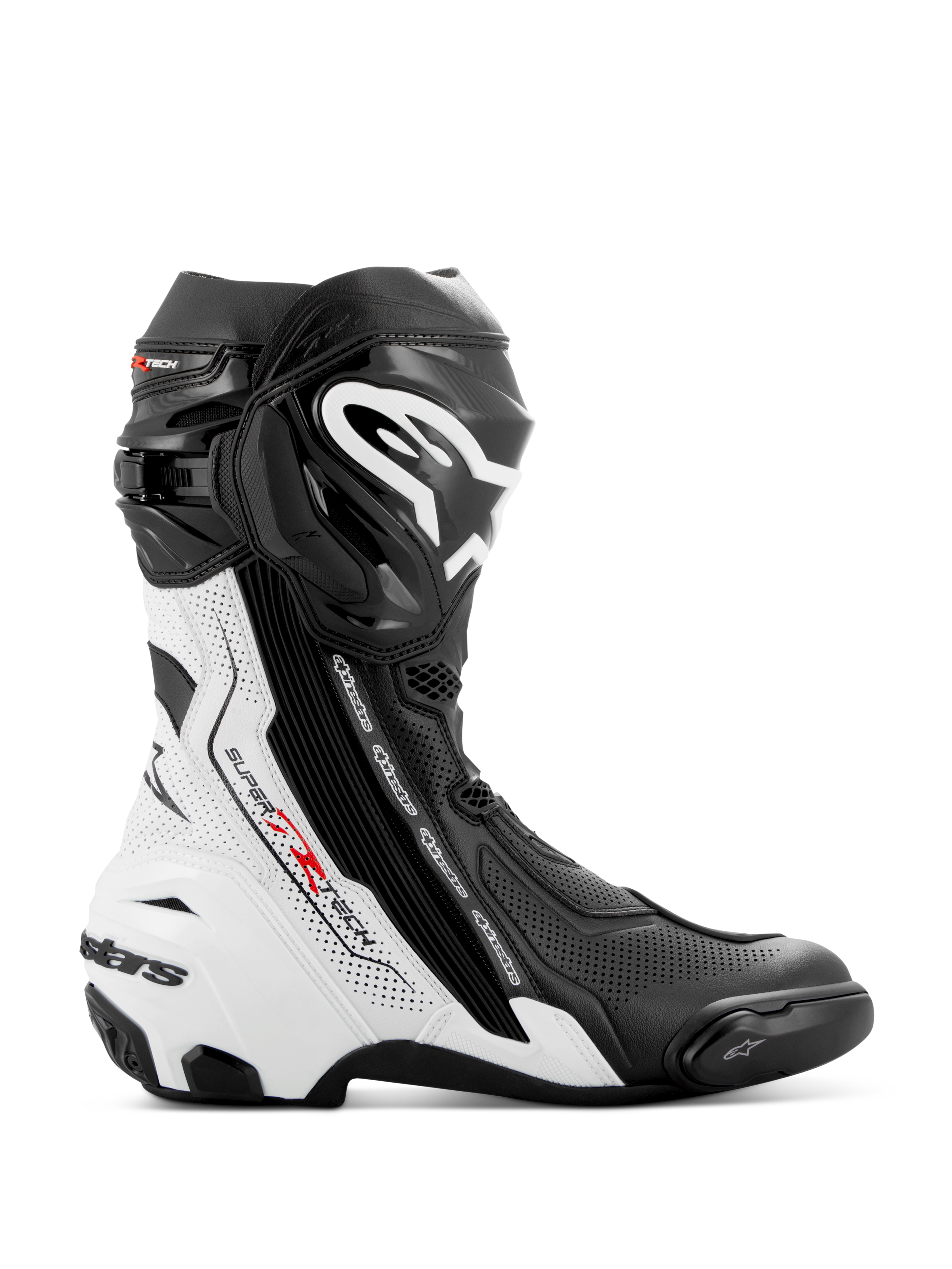 Alpinestars Supertech R Vented Boots, Motorcycle Racing Boots, Black and White with Red Accents, side profile featuring extensive perforations for breathability, large white logo on the shin, and protective TPU sliders.