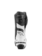 Alpinestars Supertech R Vented Boots, Motorcycle Racing Boots, Black and White, rear view showing white perforated microfiber panels, black TPU heel protector with Alpinestars logo, and adjustable closure system
