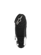 Alpinestars Supertech R Vented Boots, Motorcycle Racing Boots, Black and White, bottom view of the sole featuring a textured rubber grip and white Alpinestars logo
