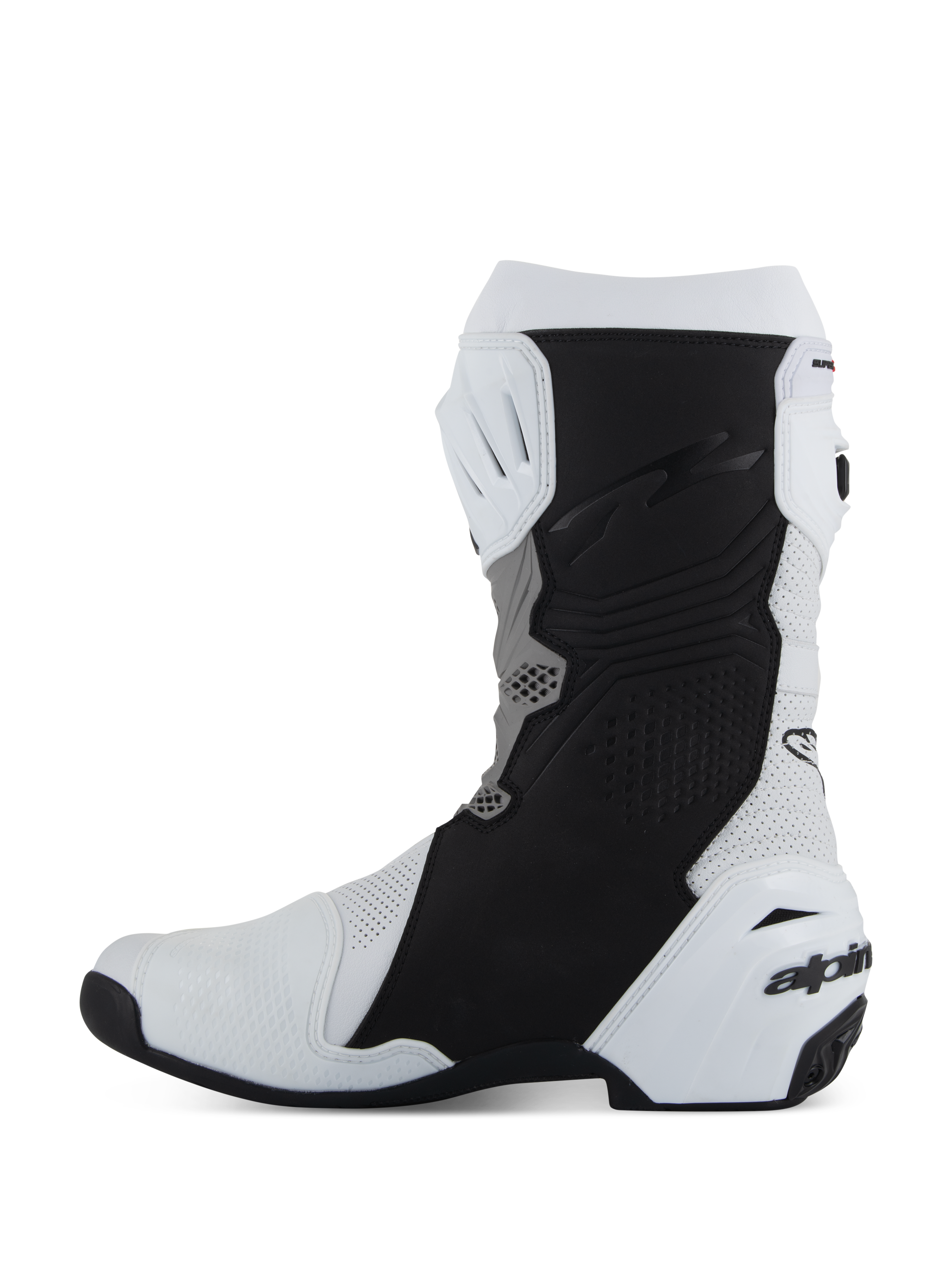 Alpinestars Supertech R Vented Boots, Racing/Sport Motorcycle Footwear, White Mid Gray and Black, side profile view of the medial side featuring perforated microfiber for airflow, black protective grip panels, and white TPU heel counter with branding.