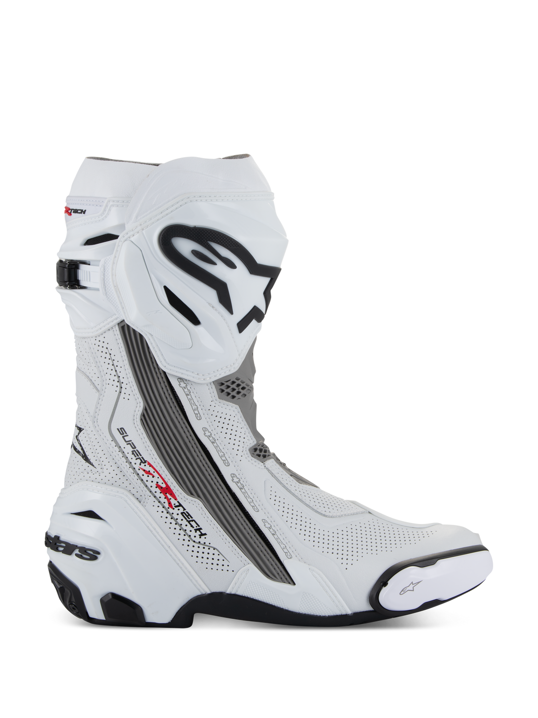 Alpinestars Supertech R Vented Boots, Motorcycle Racing Boots, White with Mid Gray and Black accents, side profile view showing perforated microfiber panels for airflow, large black and white Alpinestars logo on the shin, aerodynamic design with replaceable sliders and black rubber sole.