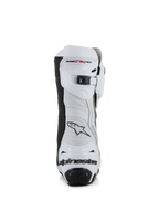 Alpinestars Supertech R Vented Boots, White Mid Gray and Black, rear view featuring perforated microfiber upper, micro-adjustable ratchet closure at the top, and integrated heel protection with Alpinestars logo.