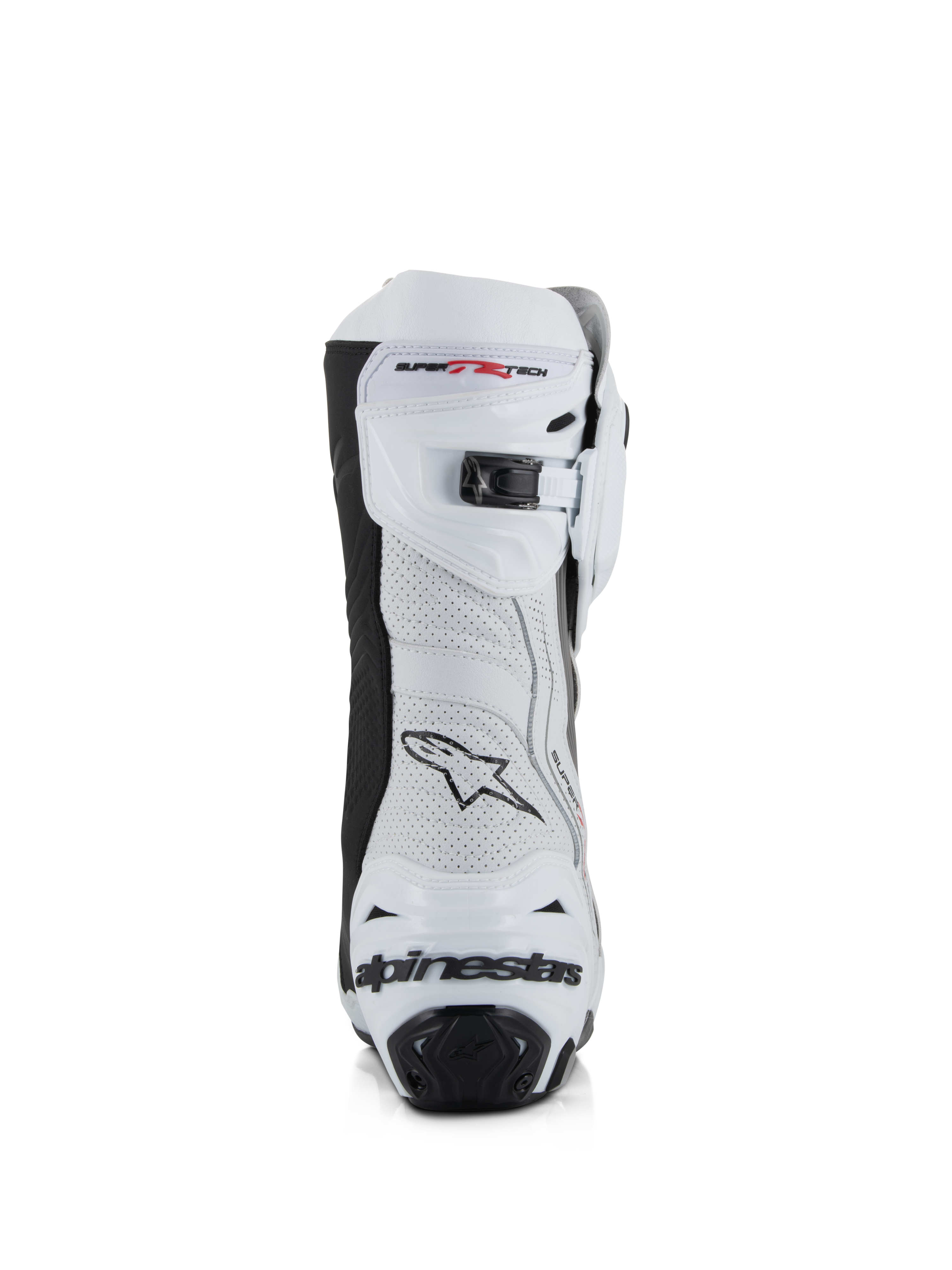Alpinestars Supertech R Vented Boots, White Mid Gray and Black, rear view featuring perforated microfiber upper, micro-adjustable ratchet closure at the top, and integrated heel protection with Alpinestars logo.