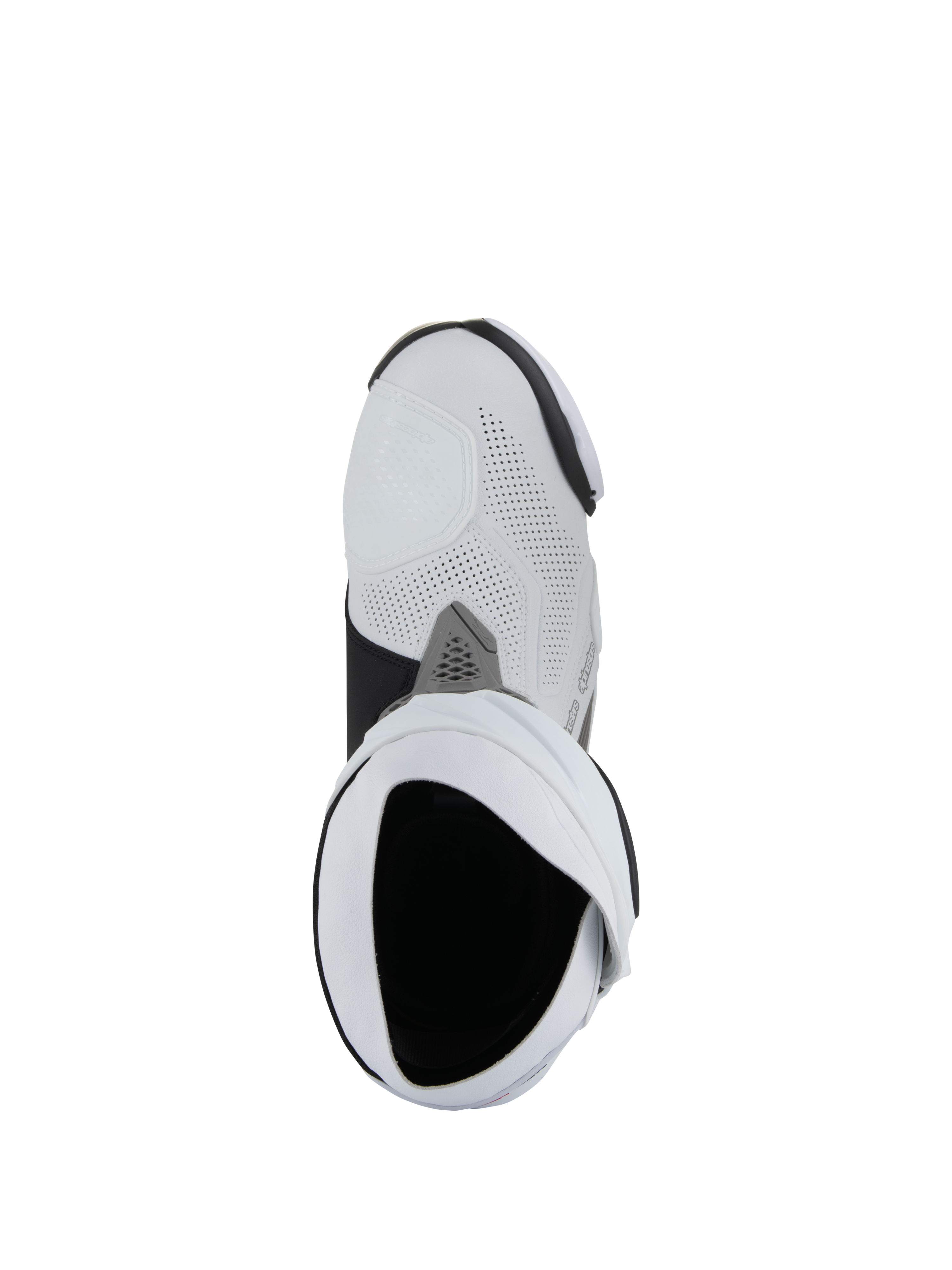 Alpinestars Supertech R Vented Boots, Motorcycle Racing Boots, White Mid Gray and Black, top-down bird's-eye view looking into the boot opening, featuring perforated microfiber construction and sleek racing design
