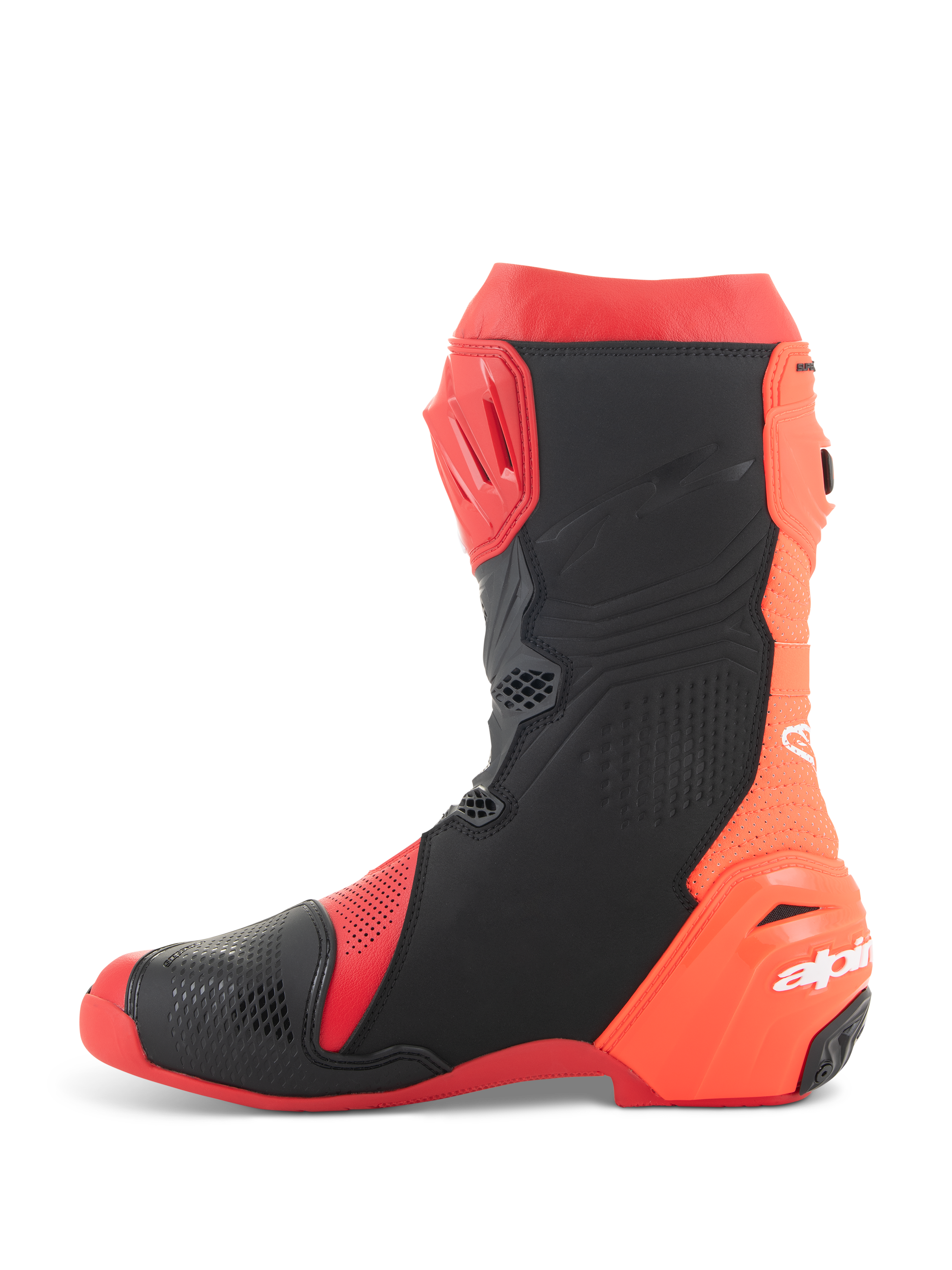 Alpinestars Supertech R Vented Boots, Racing Motorcycle Boots, Bright Red and Red Fluo with black accents, side view featuring extensive perforations for maximum airflow and TPU protection panels.