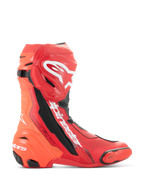 Alpinestars Supertech R Vented Boots, Motorcycle Racing Boots, Bright Red and Red Fluo with white and black accents, side profile view showing extensive perforations for breathability, white Astar logo on shin, TPU toe and heel sliders, professional-grade track footwear