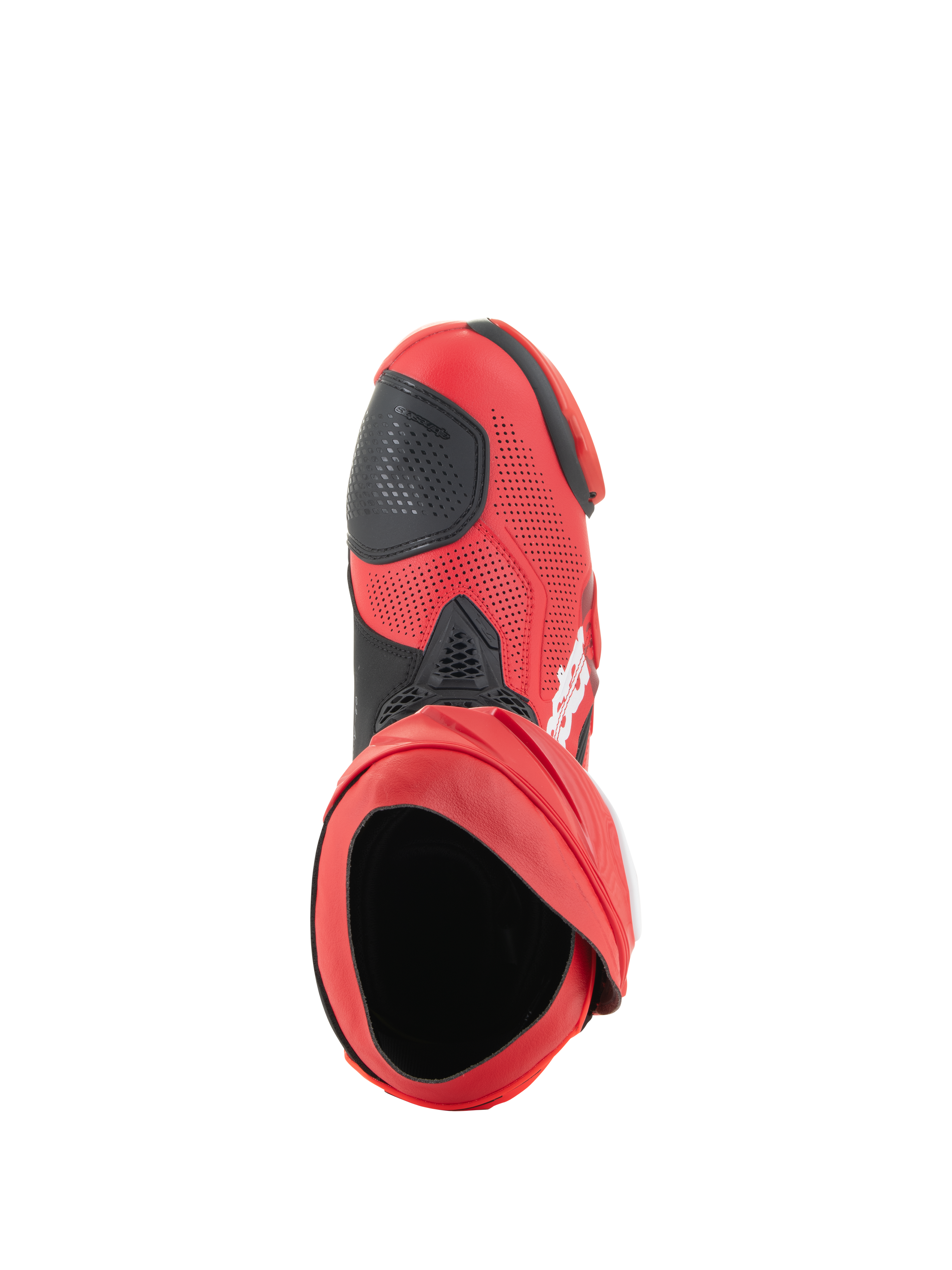 Alpinestars Supertech R Vented Boots, Racing Boots, Bright Red and Red Fluo, top-down view showing the boot opening, perforated microfiber upper with black shifter pad, professional track and road racing footwear