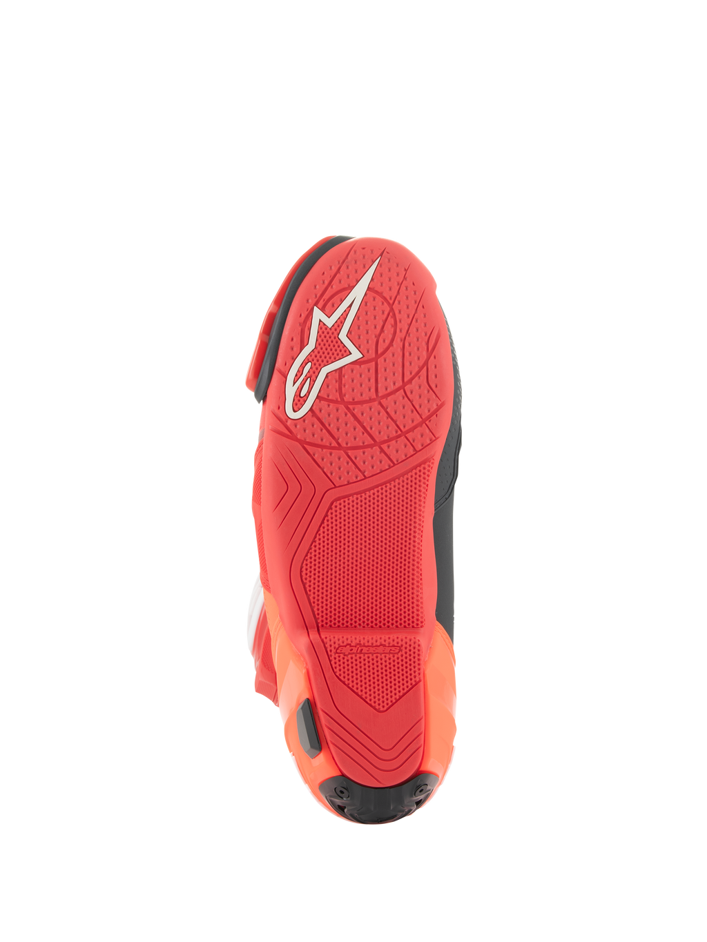 Alpinestars Supertech R Vented Boots, Racing Boots, Bright Red and Red Fluo, Sole view featuring lightweight rubber compound, white Alpinestars logo, and textured grip pattern for motorcycle pegs.