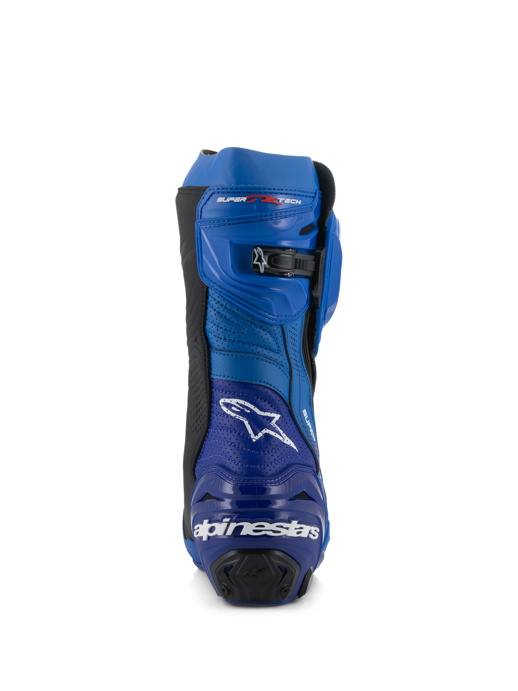 Alpinestars Supertech R Vented Boots, Racing Motorcycle Boots, Blue and Black, rear view featuring the Alpinestars logo and text on the heel, perforated microfiber panels, and a micro-adjustable ratchet closure at the top.