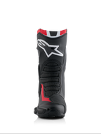 Alpinestars Honda SMX-6 V3 Boots, Performance Motorcycle Boots, Black Bright Red and White, front view featuring large white Alpinestars logo on the shin, textured mesh flex zones, and aerodynamic protective profile