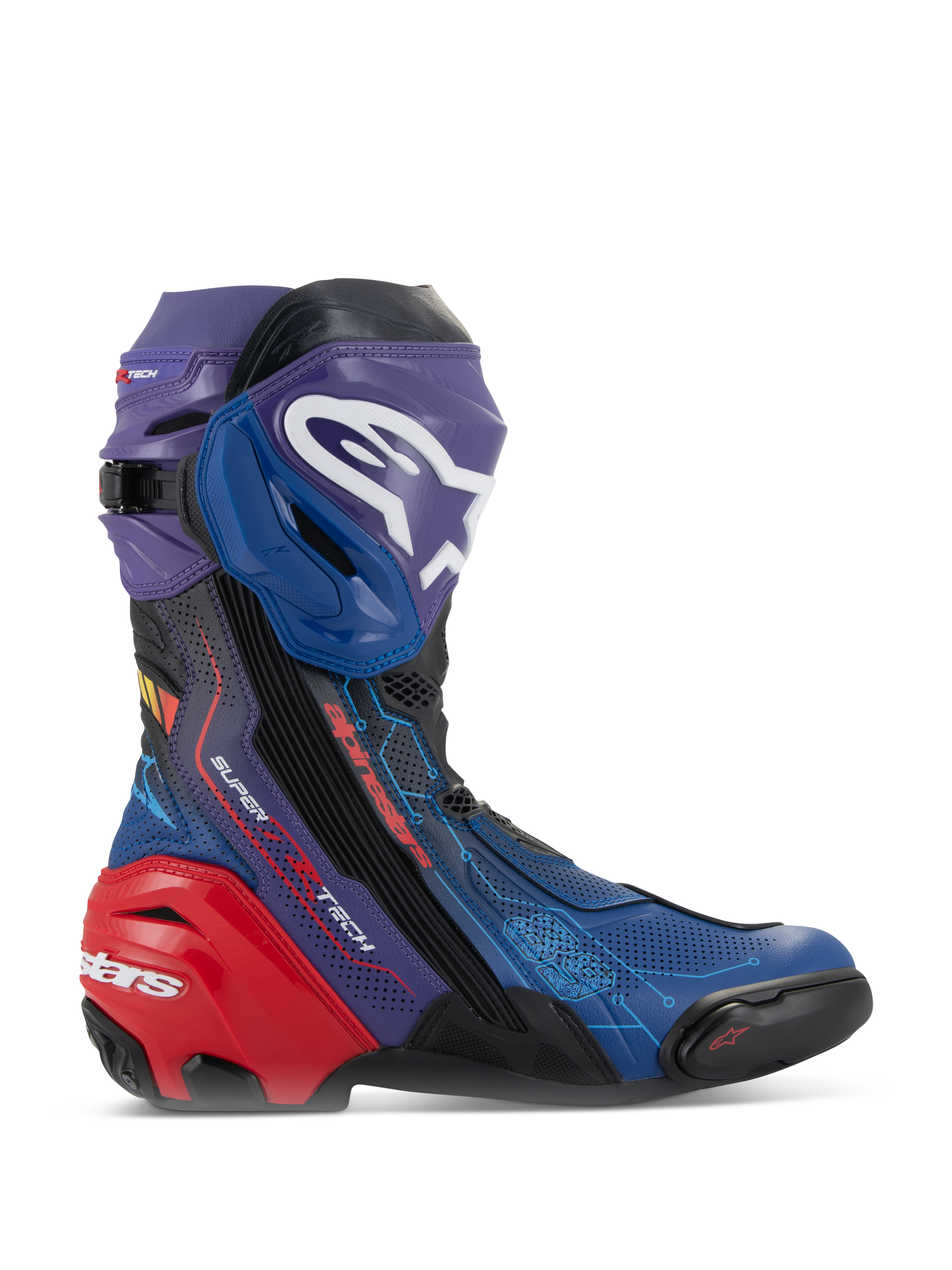Alpinestars Supertech R LE Martinator R01 Vented Boots, high-performance racing motorcycle boots, vibrant blue purple and red colorway, featuring a perforated microfiber chassis, prominent white Alpinestars logo on the shin plate, and a reinforced red heel protector