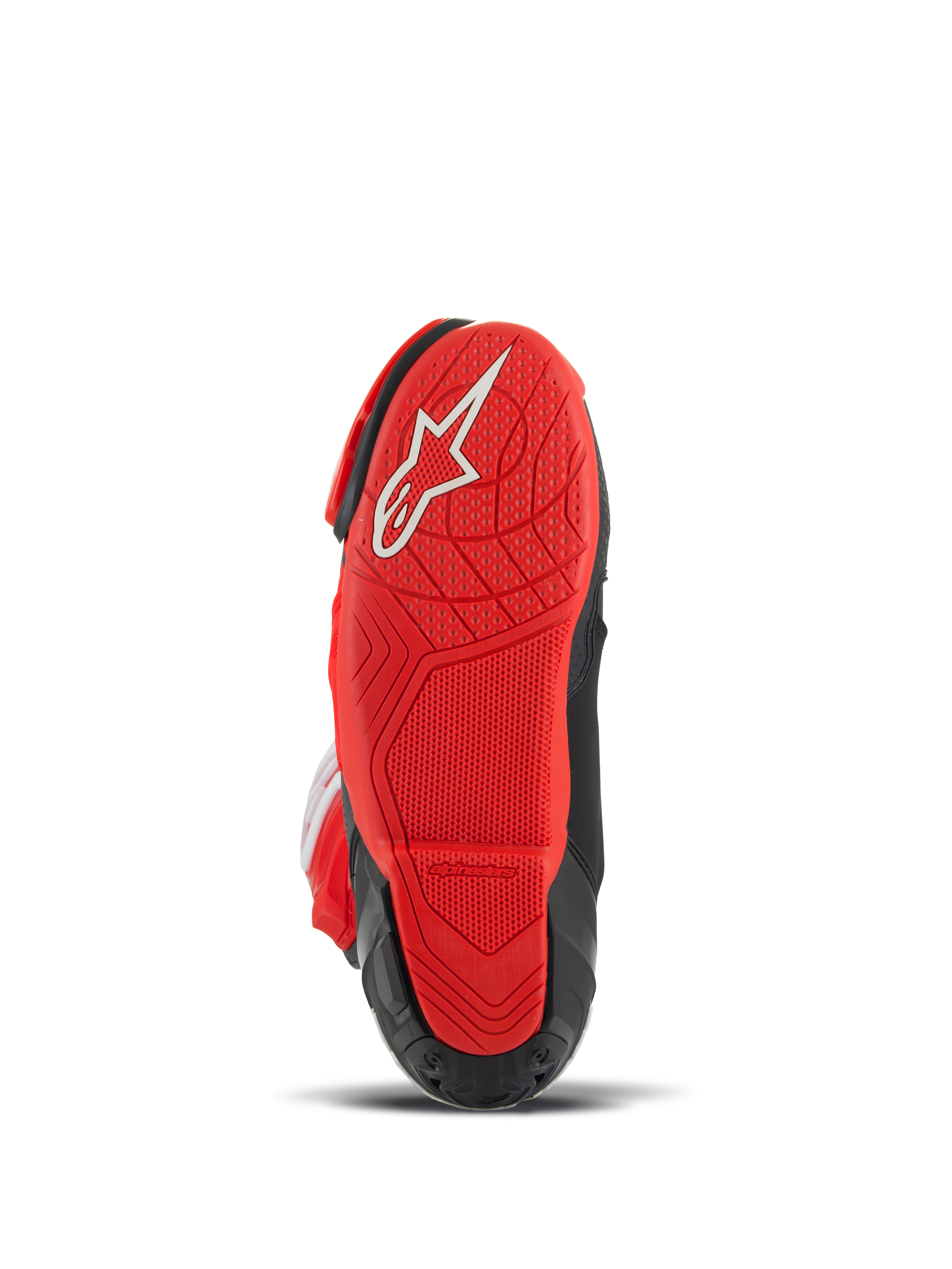 Alpinestars Supertech R LE Pecco Bagnaia Vented Boots, Motorcycle Racing Boots, Red and Black, bottom view featuring red rubber sole with white logo and textured tread for grip