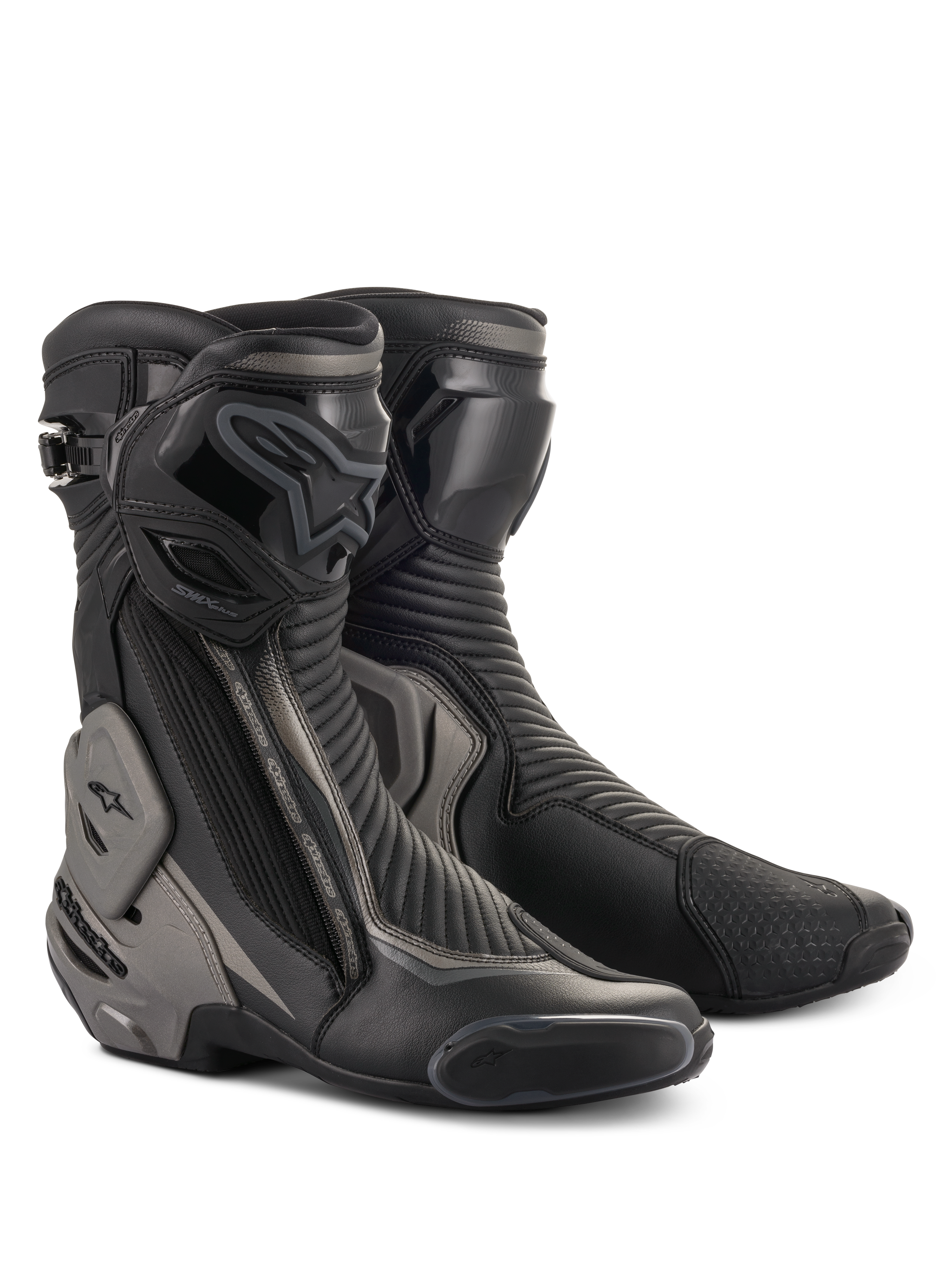 Alpinestars SMX Plus V2 Boots, Racing and Sport Motorcycle Boots, Black and Dark Gray, featuring advanced Multi-Link Control ankle protection, TPU shin plate, and replaceable sliders, streamlined microfiber construction for road riding