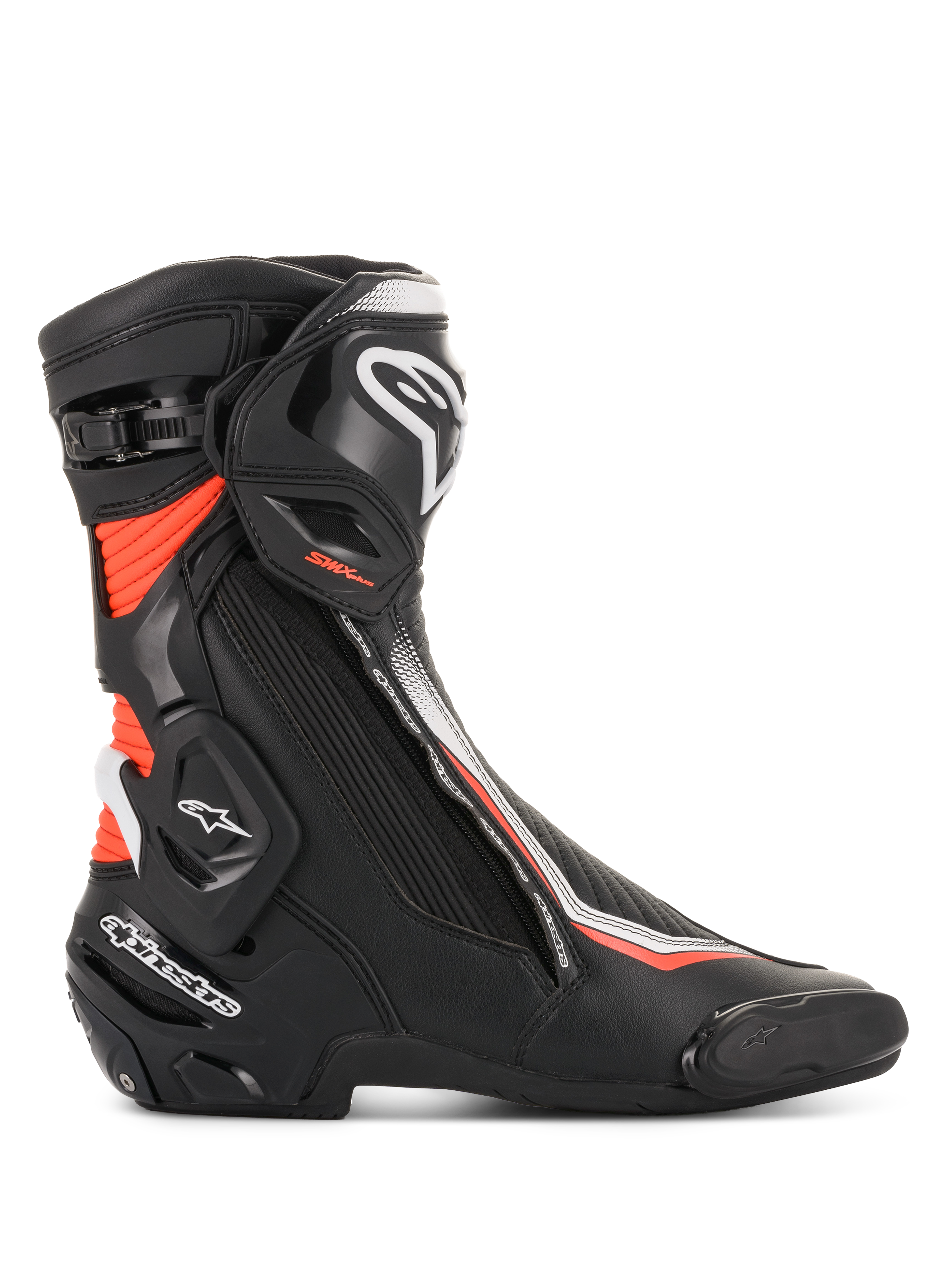 Alpinestars SMX Plus V2 Boots, Men's Motorcycle Racing Boots, Black, White and Red Fluorescent, featuring Multi-Link Control ankle protection and durable microfiber construction.