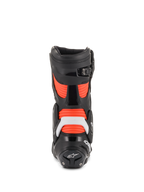 Alpinestars SMX Plus V2 men's racing boots in black and red fluo, with white TPU protection and accordion flex zones.