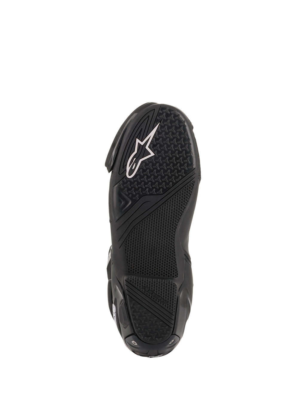Alpinestars SMX Plus V2 racing boots featuring a black textured rubber sole with a white logo and high-grip pattern.
