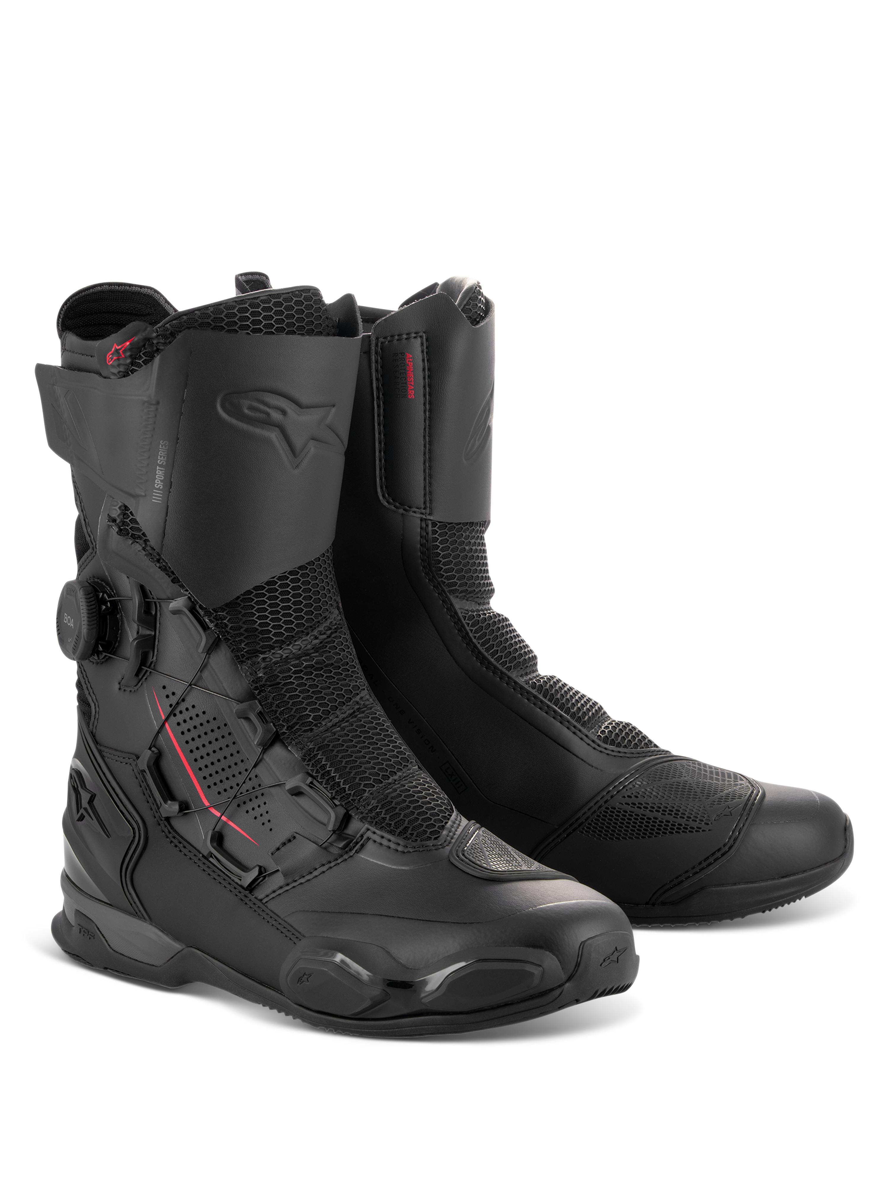 Alpinestars SP-X BOA® Boots, mid-height sport motorcycle boots in Black Black, featuring the side-mounted BOA Fit System dial, Rideknit mesh panels, and TPU protective reinforcements for road riding.