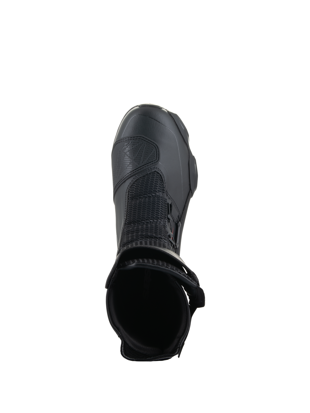 Alpinestars SP-X BOA® Boots, Black, top-down view looking into the ankle opening, featuring Rideknit® mesh and the side-mounted BOA® Fit System, sleek mid-height sport motorcycle boot