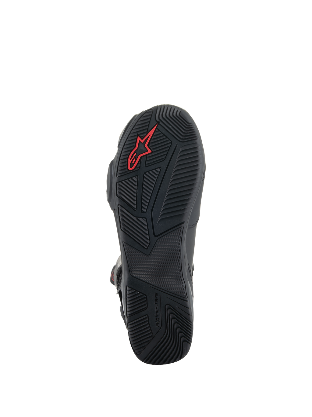 Alpinestars SP-X BOA® Boots, Black motorcycle boots, detailed view of the rubber sole featuring textured grip patterns, red Alpinestars logo, and asymmetric heel design for walking stability.