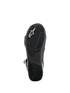 Alpinestars SP-X BOA® Boots, Sole View, Black, featuring textured rubber outsole with white star logo, asymmetric heel design for stability, and specialized tread patterns for peg grip.