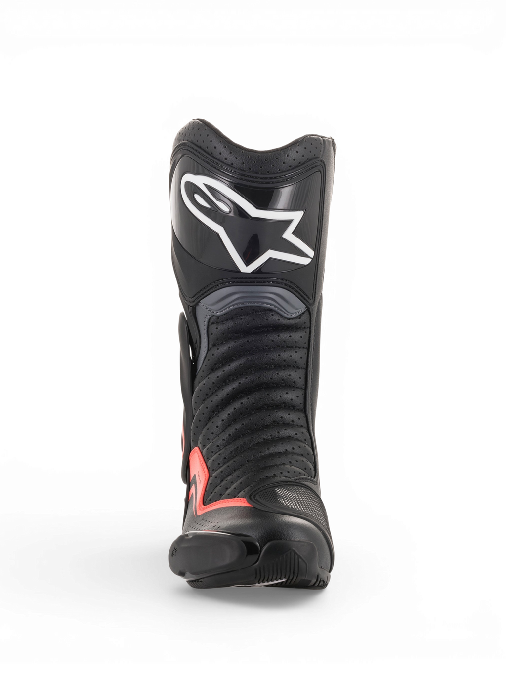 Alpinestars SMX-6 V2 Vented Boots, black and gray motorcycle racing boot with red fluorescent accents, front view showing a perforated upper, shin protection and toe slider