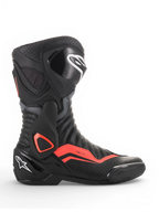 Alpinestars SMX-6 V2 Vented Boots, black and gray motorcycle racing boot with fluorescent red accents, perforated ventilation and protective ankle and shin panels