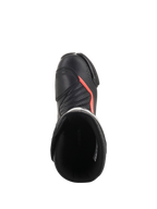Alpinestars SMX-6 V2 Vented Boots, black motorcycle racing boot with fluorescent red accents, top view showing perforated upper, ankle protection and boot opening