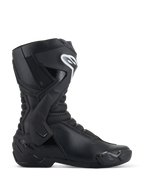 Alpinestars SMX-6 V3 Boots, Black Motorcycle Racing Boots, side profile view, microfiber upper with TPU lateral ankle brace and shin protection, white Alpinestars logo on shin, replaceable toe slider, performance sport riding footwear