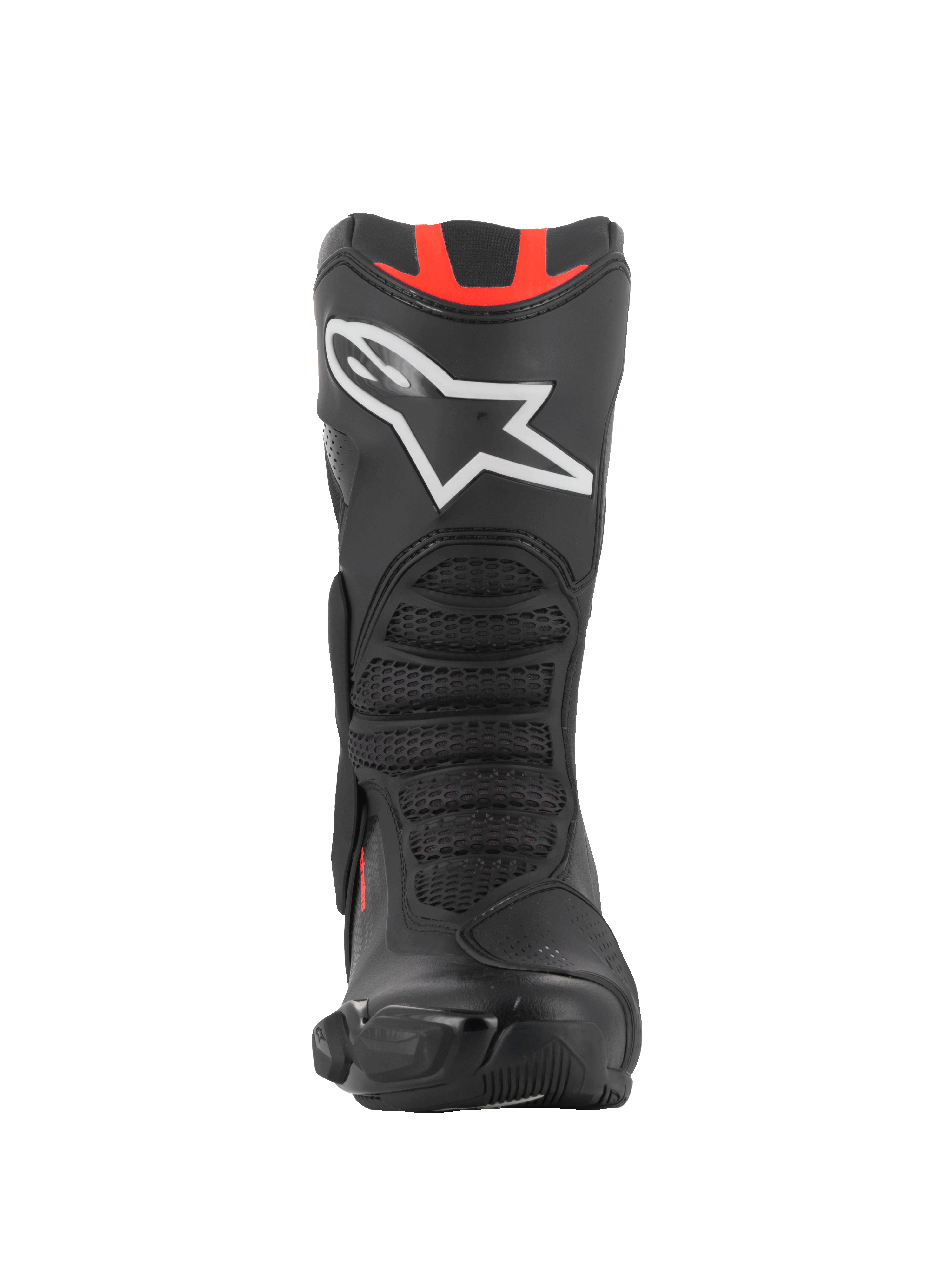 Alpinestars SMX-6 V3 Boots, Performance Motorcycle Boots, Black and Red Fluo, front view featuring a large white star logo on the shin, red accents at the top, and textured protective flex zones.