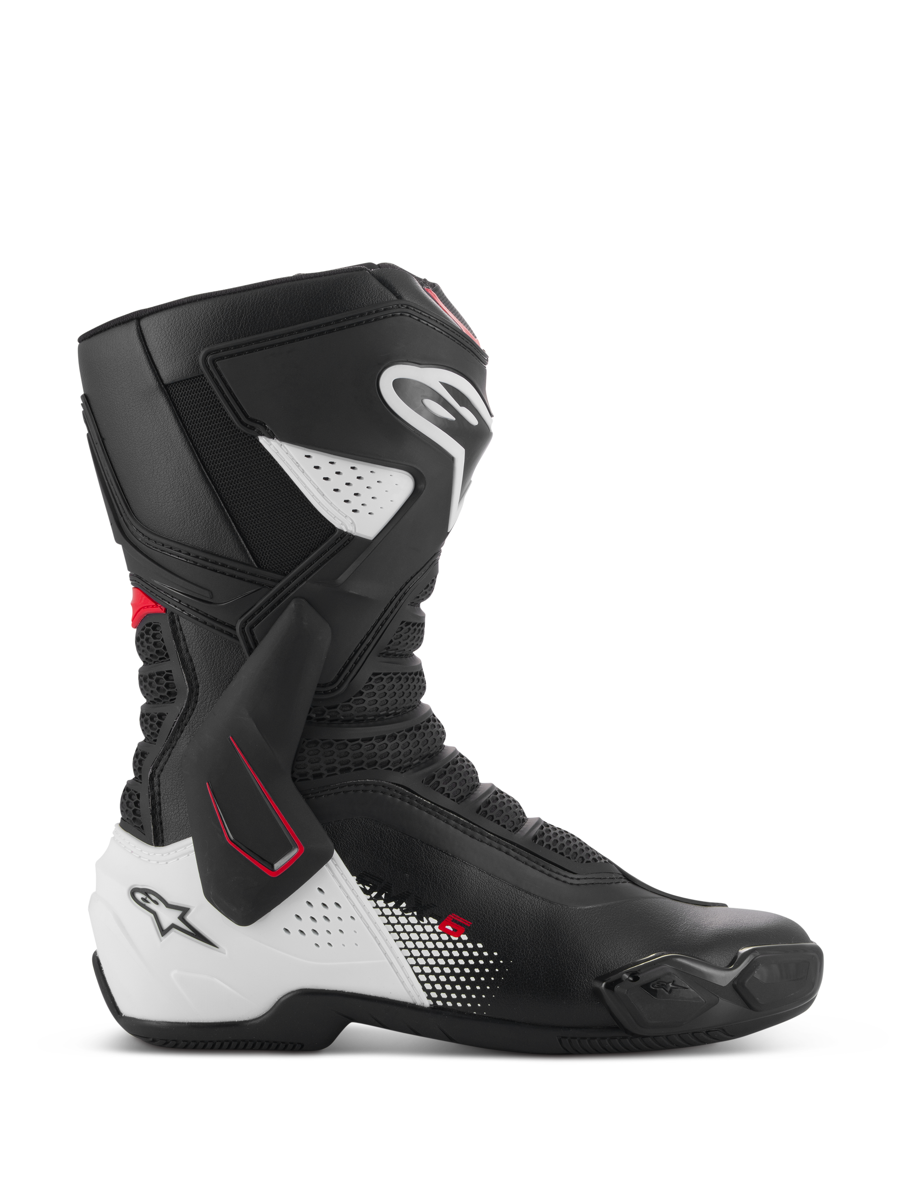 Alpinestars SMX-6 V3 Boots, Performance Motorcycle Racing Boots, Black White and Red, side profile featuring TPU lateral ankle brace, reinforced shin and heel protection, perforated mesh flex zones, and replaceable toe sliders for track and street riding