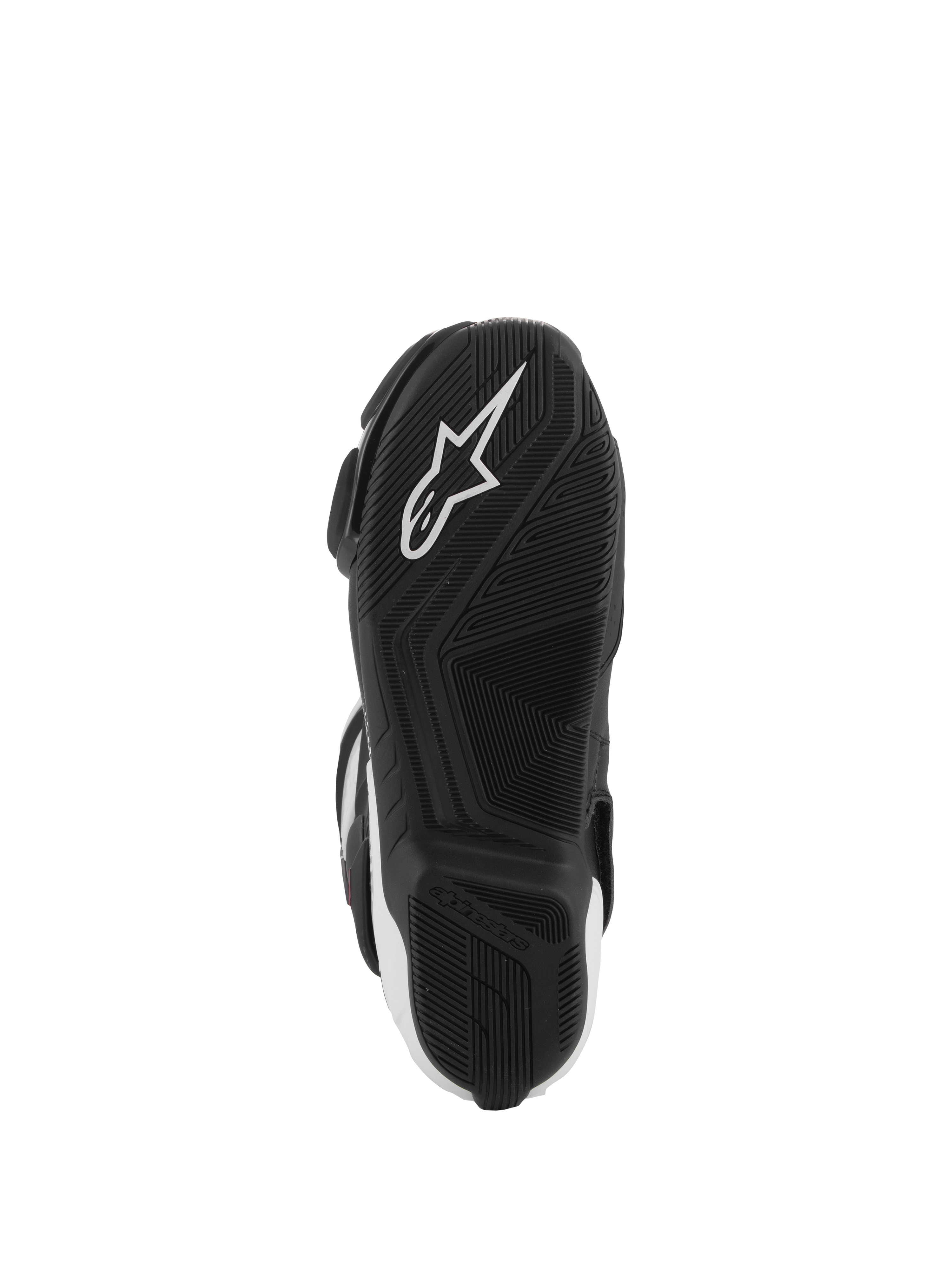 Alpinestars SMX-6 V3 Boots, bottom view of the sole, black rubber with textured grip pattern, featuring a white Alpinestars star logo, performance motorcycle footwear