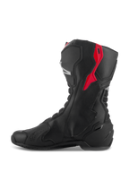 Alpinestars SMX-6 V3 Boots, Performance Riding Boots, Black with Red and Silver accents, side profile view showing microfiber construction and protective TPU panels, race-derived design for track and street performance