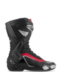 Alpinestars SMX-6 V3 Boots, Motorcycle Racing Boots, Black Silver and Red, side profile view showing TPU lateral ankle brace, replaceable toe slider, and mesh flex zones for track and street performance.