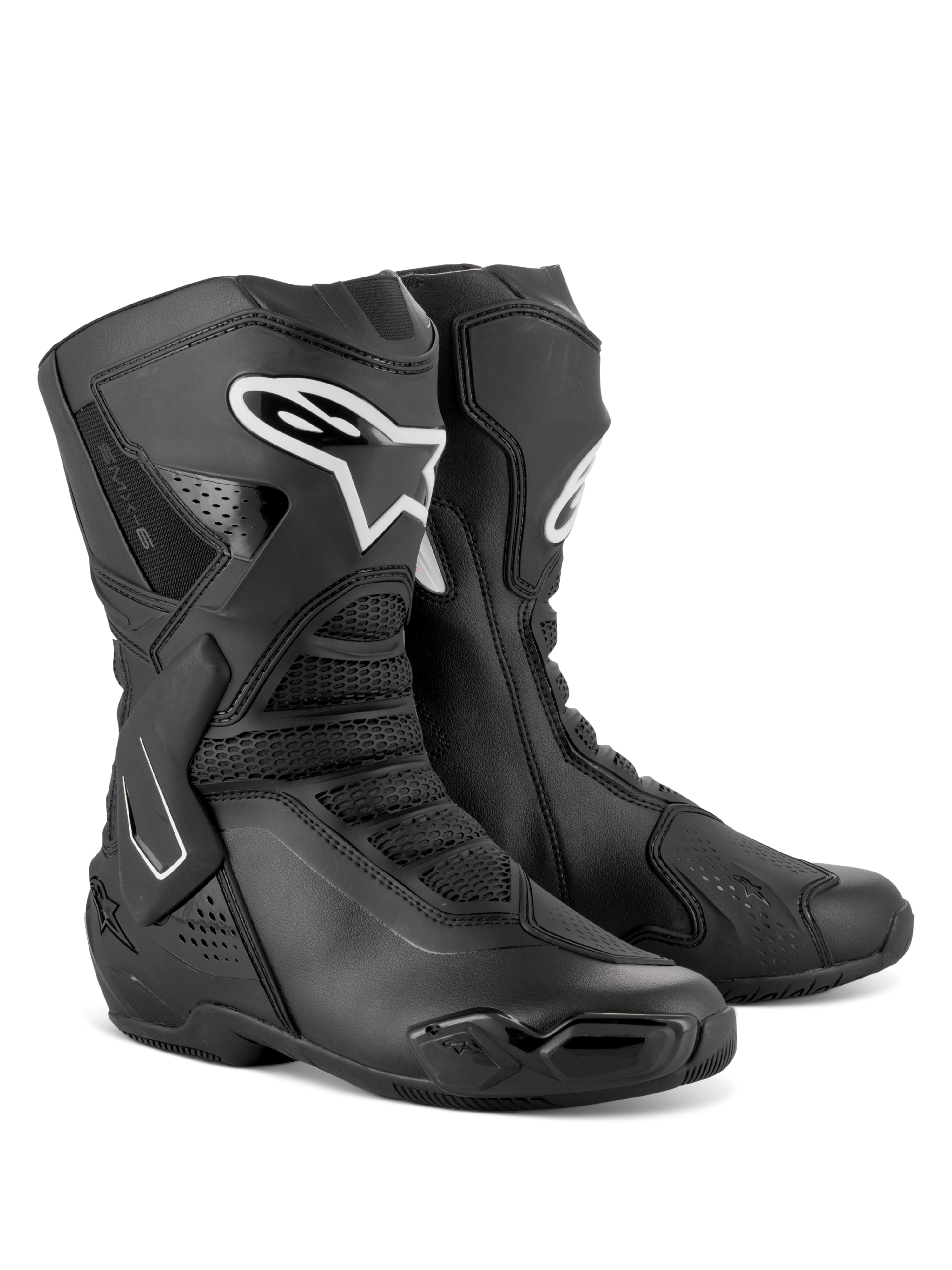 Alpinestars Stella SMX-6 V3 Boots, Women's Performance Motorcycle Boots, Black and White, featuring microfiber construction, TPU shin and ankle protection, and mesh flex zones for track and street riding