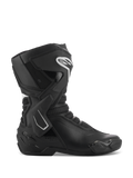 Alpinestars Stella SMX-6 V3 Boots, Women's Motorcycle Racing Boots, Black and White, side profile view featuring TPU ankle brace and shin protectors, breathable mesh panels, white Alpinestars logo on the front, engineered for track and street performance