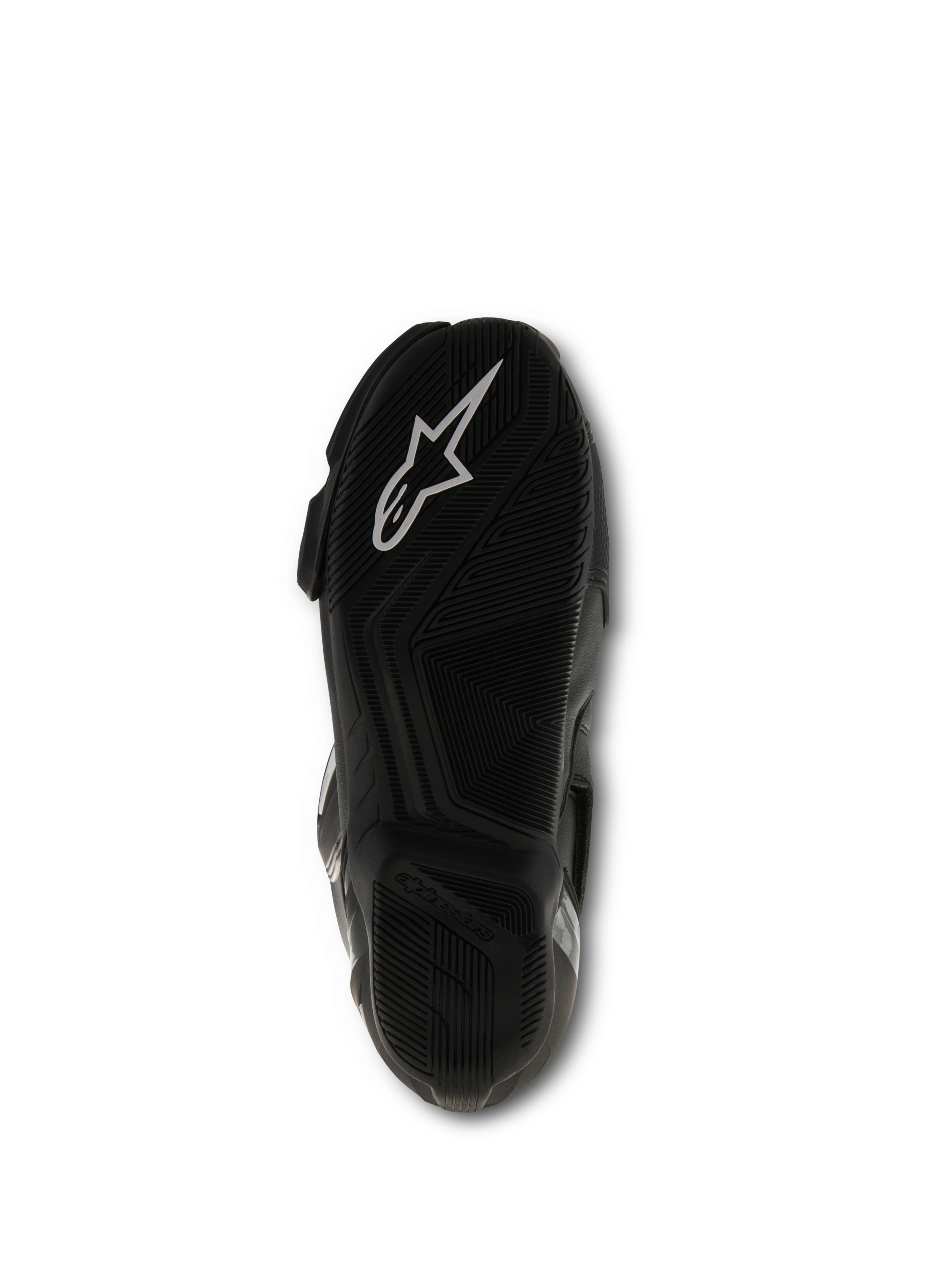 Alpinestars SMX S Boots, Black, bottom sole view showing the textured rubber compound and white Alpinestars logo, performance motorcycle racing footwear