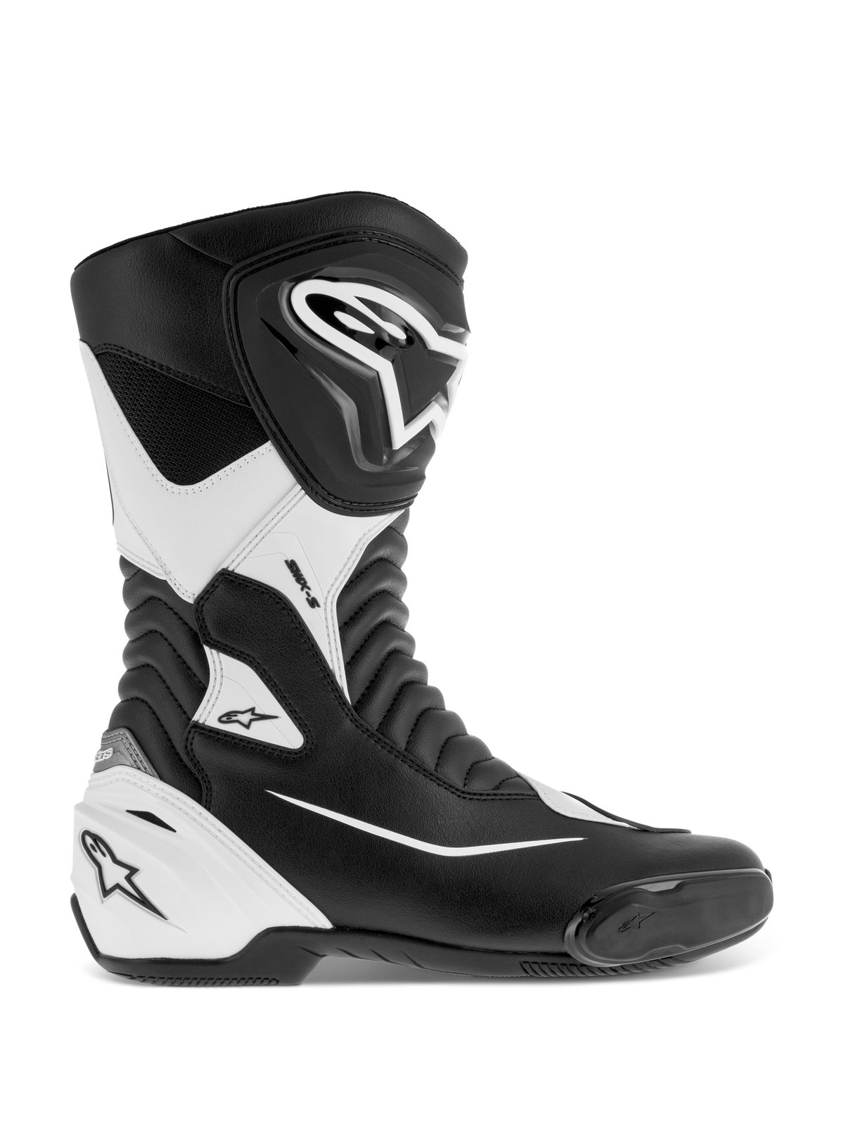 Alpinestars SMX S Boots, Motorcycle Racing Boots, Black and White, featuring a durable microfiber upper with protective PU shin and heel shields, accordion flex zones, and integrated toe slider, CE certified for performance road and sport riding.