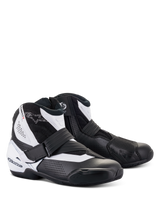 Alpinestars SMX-1 R V2 Vented Boots, low-cut motorcycle riding shoes, Black and White, featuring perforated microfiber upper for ventilation, TPU heel counter and shift pad, side zipper with strap closure, designed for performance road and sport riding