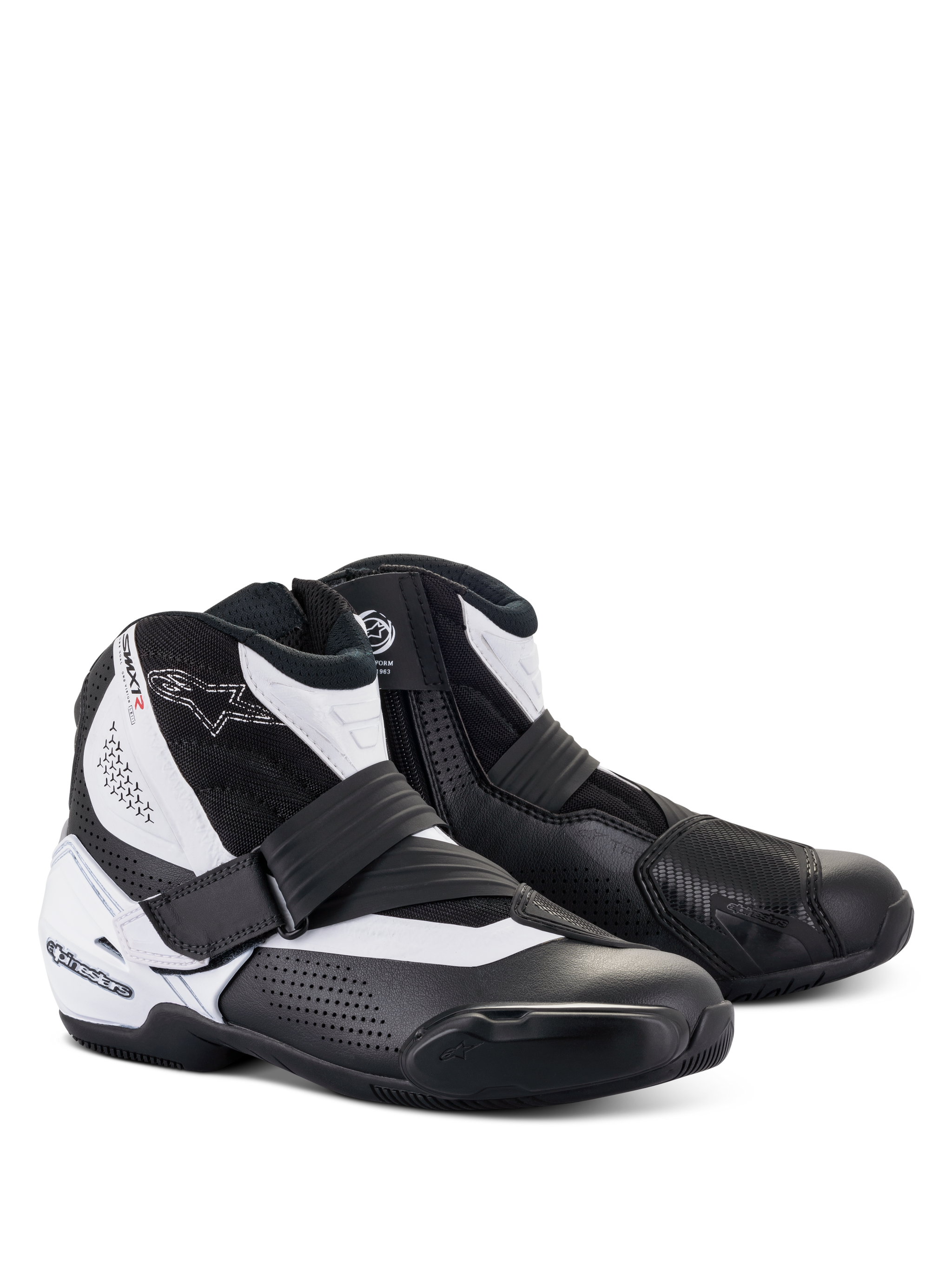 Alpinestars SMX-1 R V2 Vented Boots, low-cut motorcycle riding shoes, Black and White, featuring perforated microfiber upper for ventilation, TPU heel counter and shift pad, side zipper with strap closure, designed for performance road and sport riding