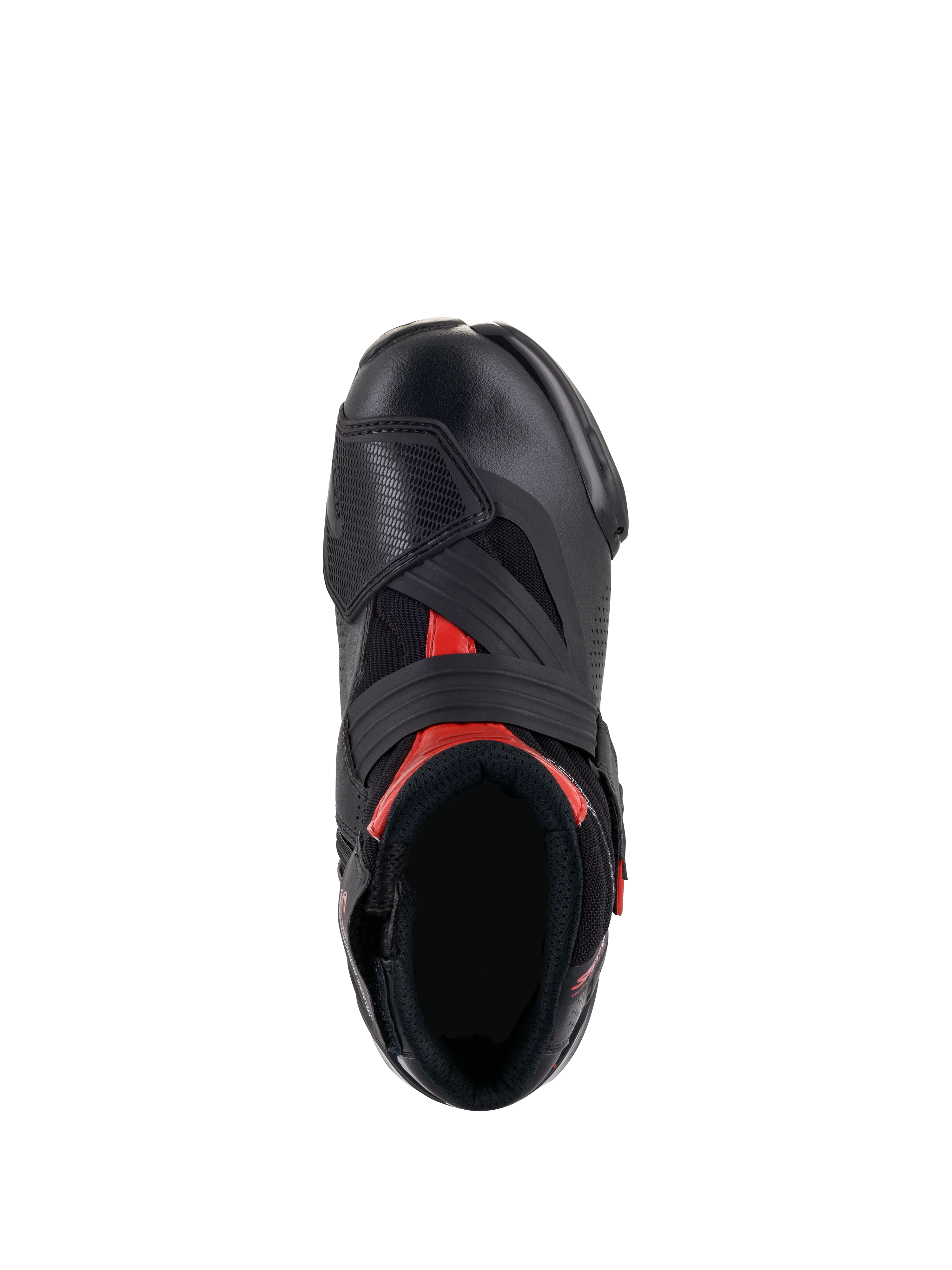Alpinestars SMX-1 R V2 Vented Boots, Black and Red, top-down view showing the foot opening and upper construction, featuring perforated microfiber, red accents, and a wide Velcro instep strap.