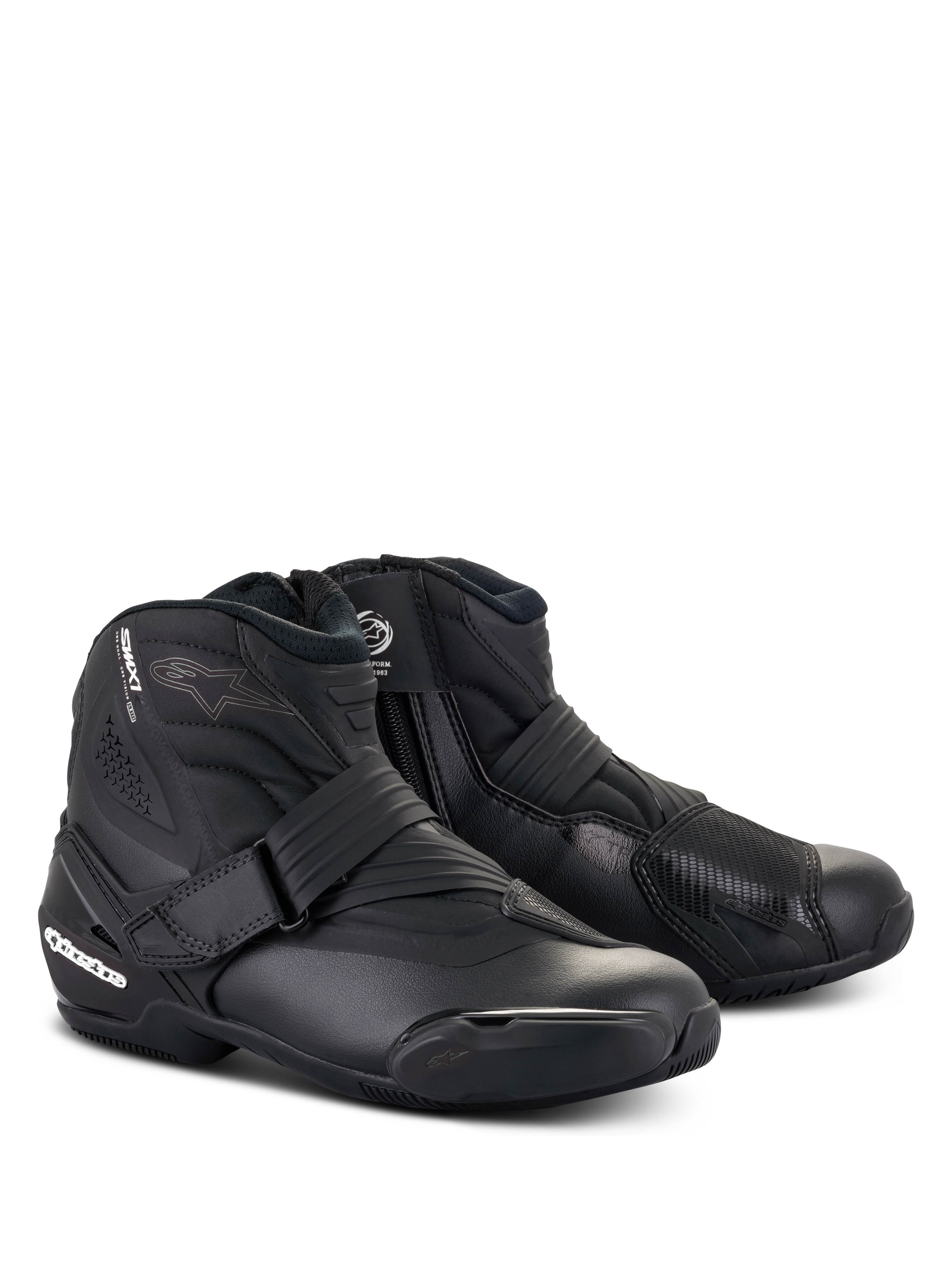 Alpinestars Stella SMX-1 R V2 Boots, Women's low-cut motorcycle riding shoes, Black, featuring a microfiber upper, TPU heel counter and shift pad, strap closure, and sporty aerodynamic profile.