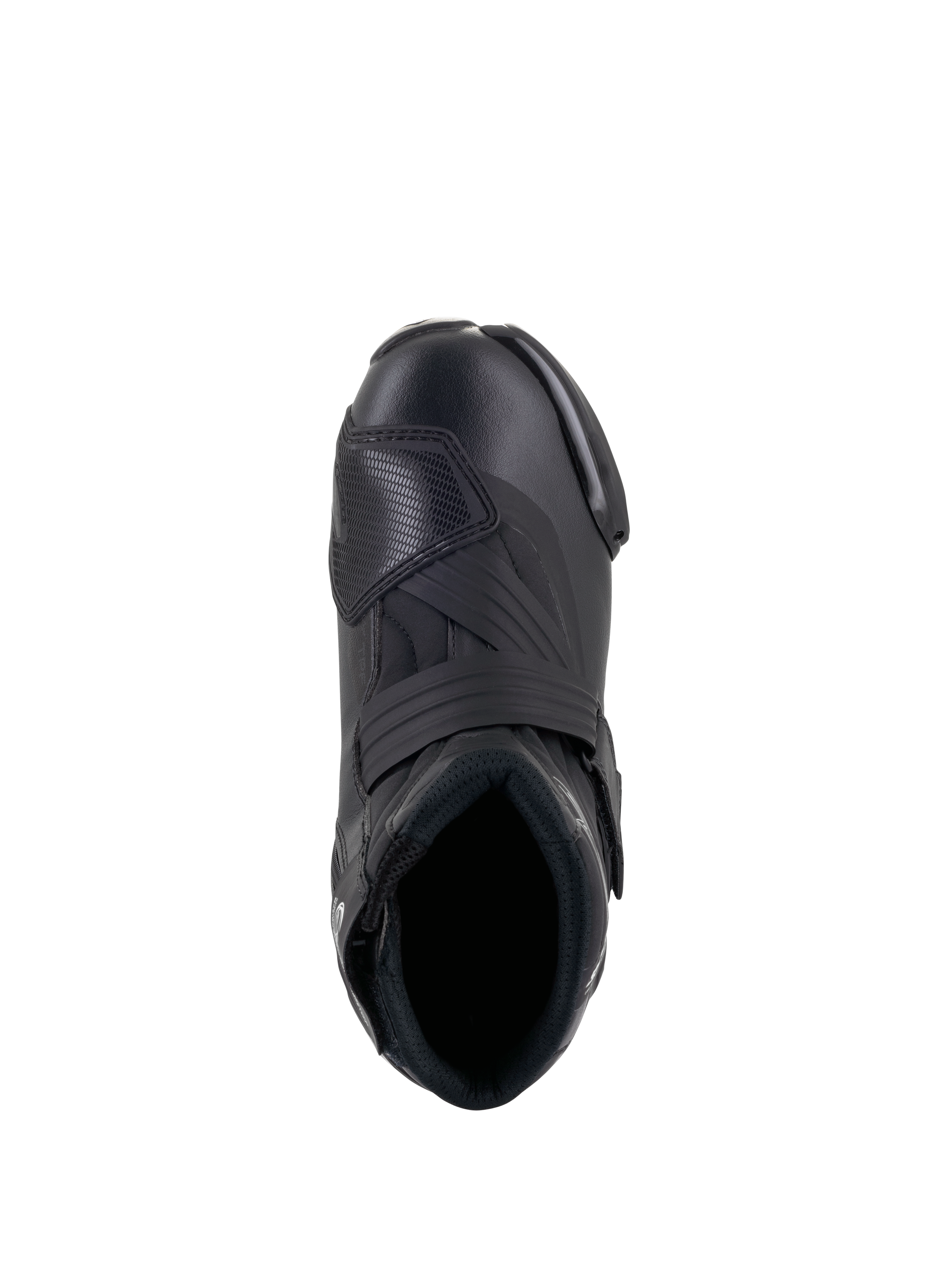 Alpinestars Women Stella SMX-1 R V2 Boots, low-cut performance motorcycle riding shoe in Black, top-down view showing the foot opening, instep strap, and textured TPU shift pad, sleek microfiber construction