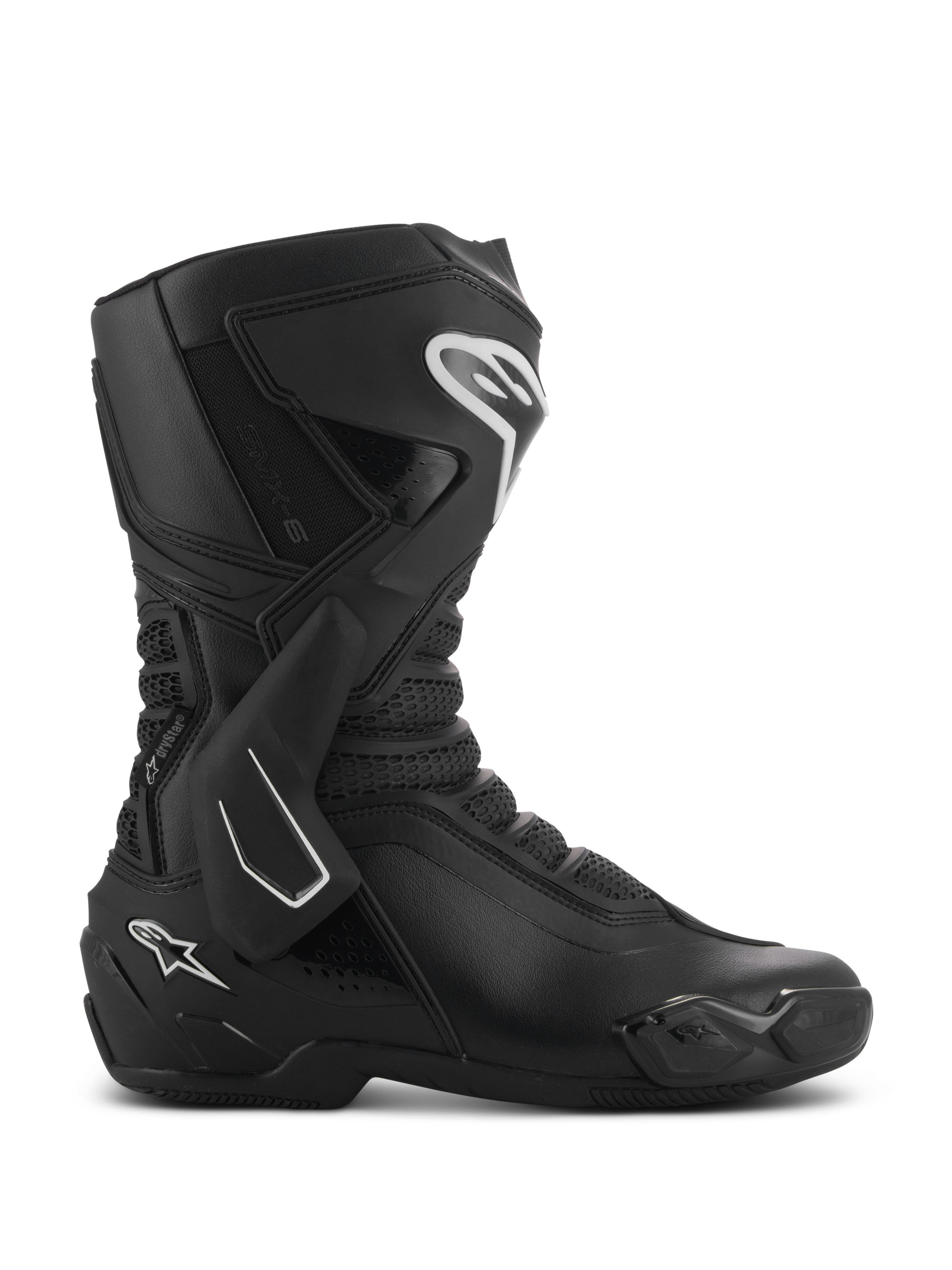 Alpinestars SMX-6 V3 Drystar Boots, Black performance motorcycle riding boots shown from a side profile, featuring white logo accents, TPU lateral ankle brace, reinforced shin plate, and flexible mesh panels.
