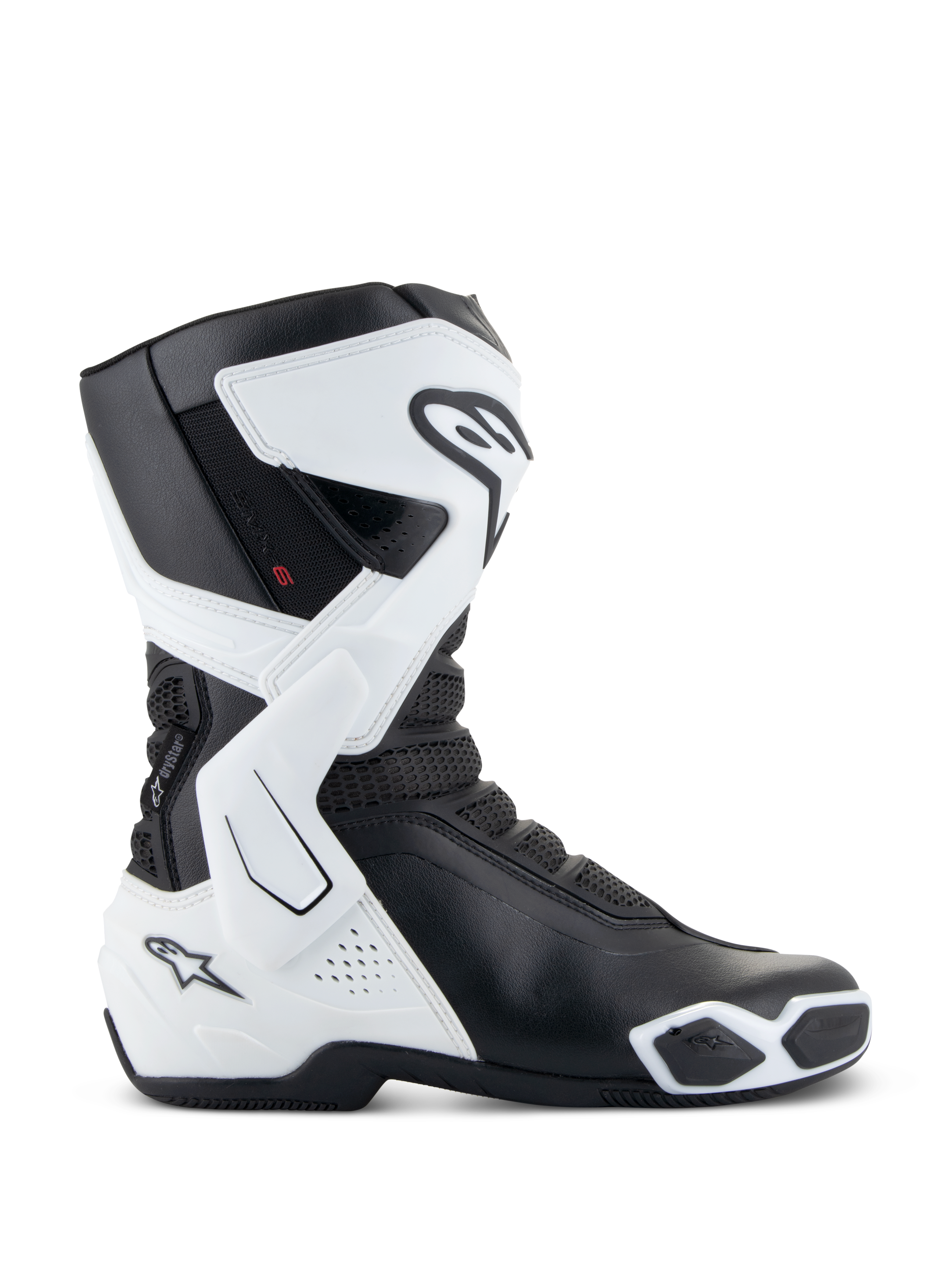 Alpinestars Stella SMX-6 V3 Drystar® Boots, Women's Motorcycle Boots, White and Black, side view featuring waterproof Drystar® technology, TPU shin and ankle protection, mesh flexibility zones, and ergonomic sport riding design