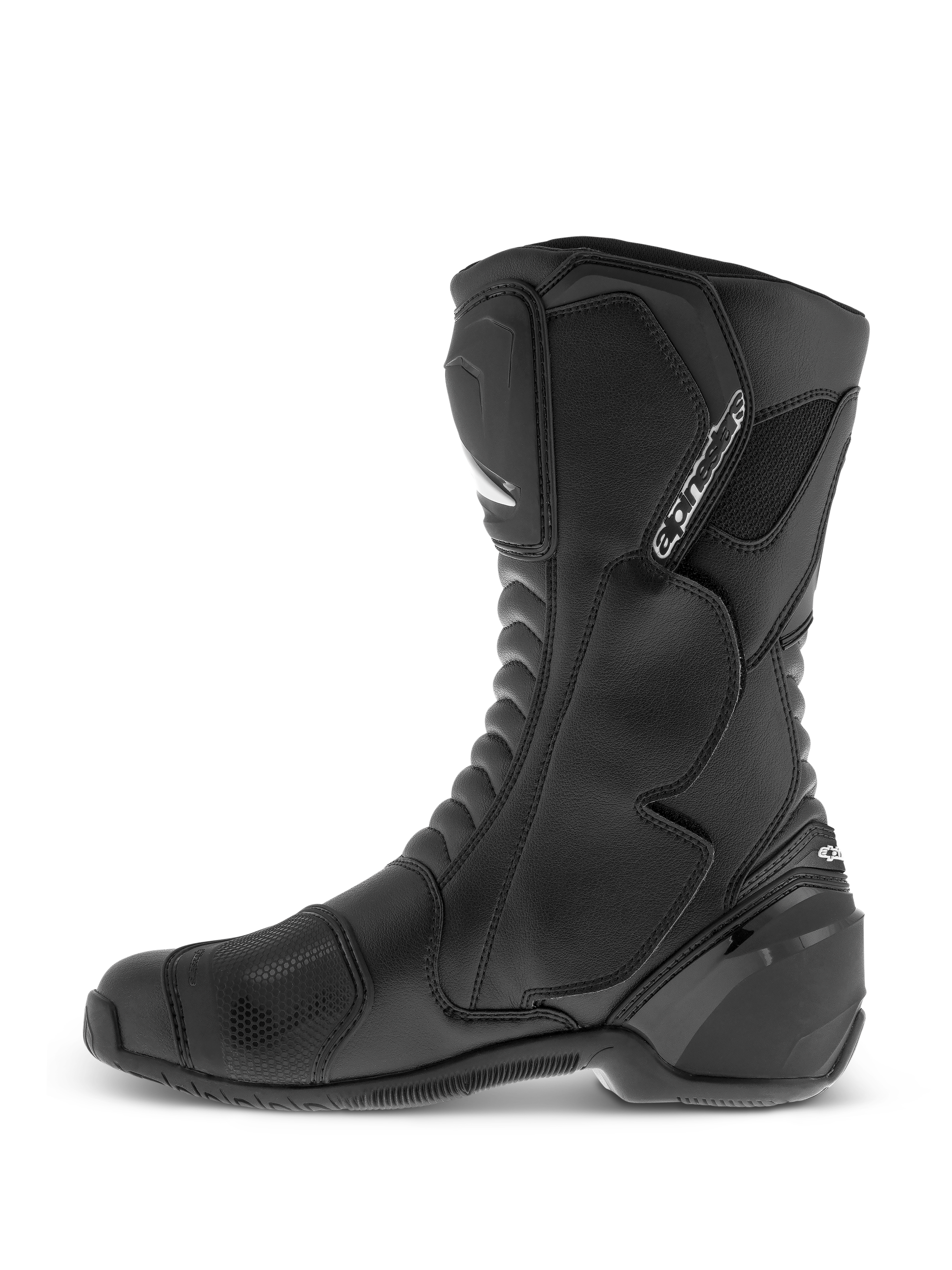 Alpinestars SMX S Waterproof Boots, Black, high-cut motorcycle boots featuring a durable microfiber upper, TPU shin and ankle protection, and textured shift pad, side profile view.