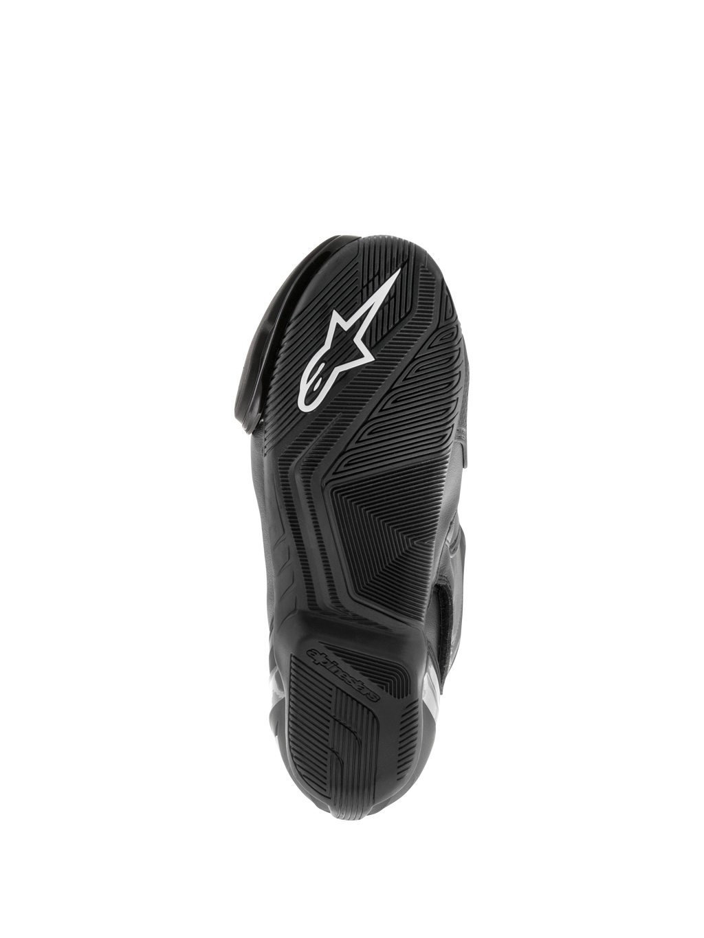 Alpinestars SMX S Waterproof Boots, Motorcycle Boots, Black, view of the textured rubber sole with white Astar logo and water-dispersing tread pattern
