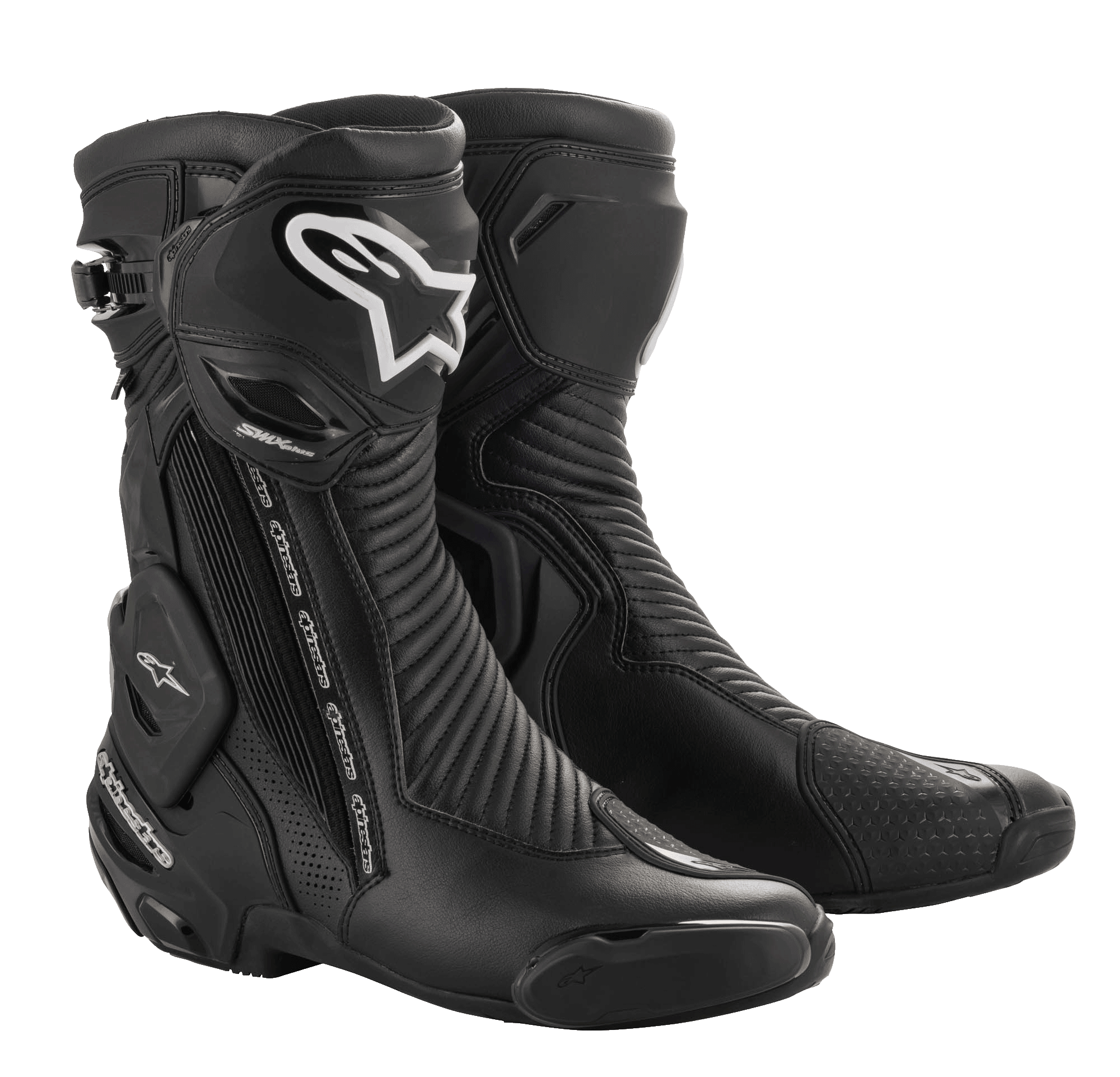 Alpinestars SMX Plus V2 GORE-TEX Boot, black motorcycle racing boots with silver and white logos, waterproof and breathable design, featuring reinforced ankle protection, flexible accordion panels, and protective TPU plates for racing and sport riding