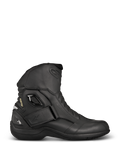 Alpinestars New Land GORE-TEX Boots, Black motorcycle touring boots, side profile featuring full-grain leather, Velcro ankle strap, GORE-TEX branding, and reinforced heel for waterproof protection.